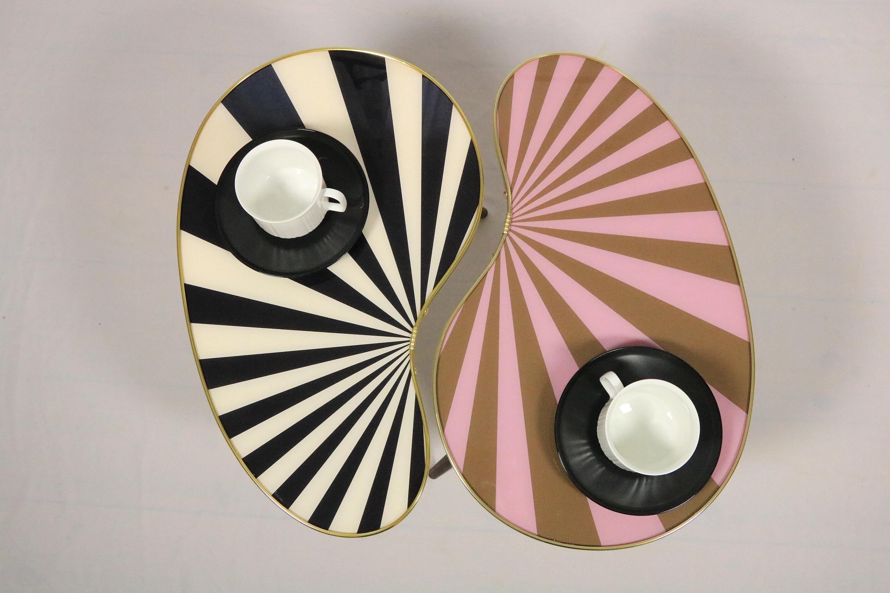 Hand-Crafted Small Side Table, Kidney Shaped, Black-White Stripes, 3 Elegant Legs, 50s Style For Sale
