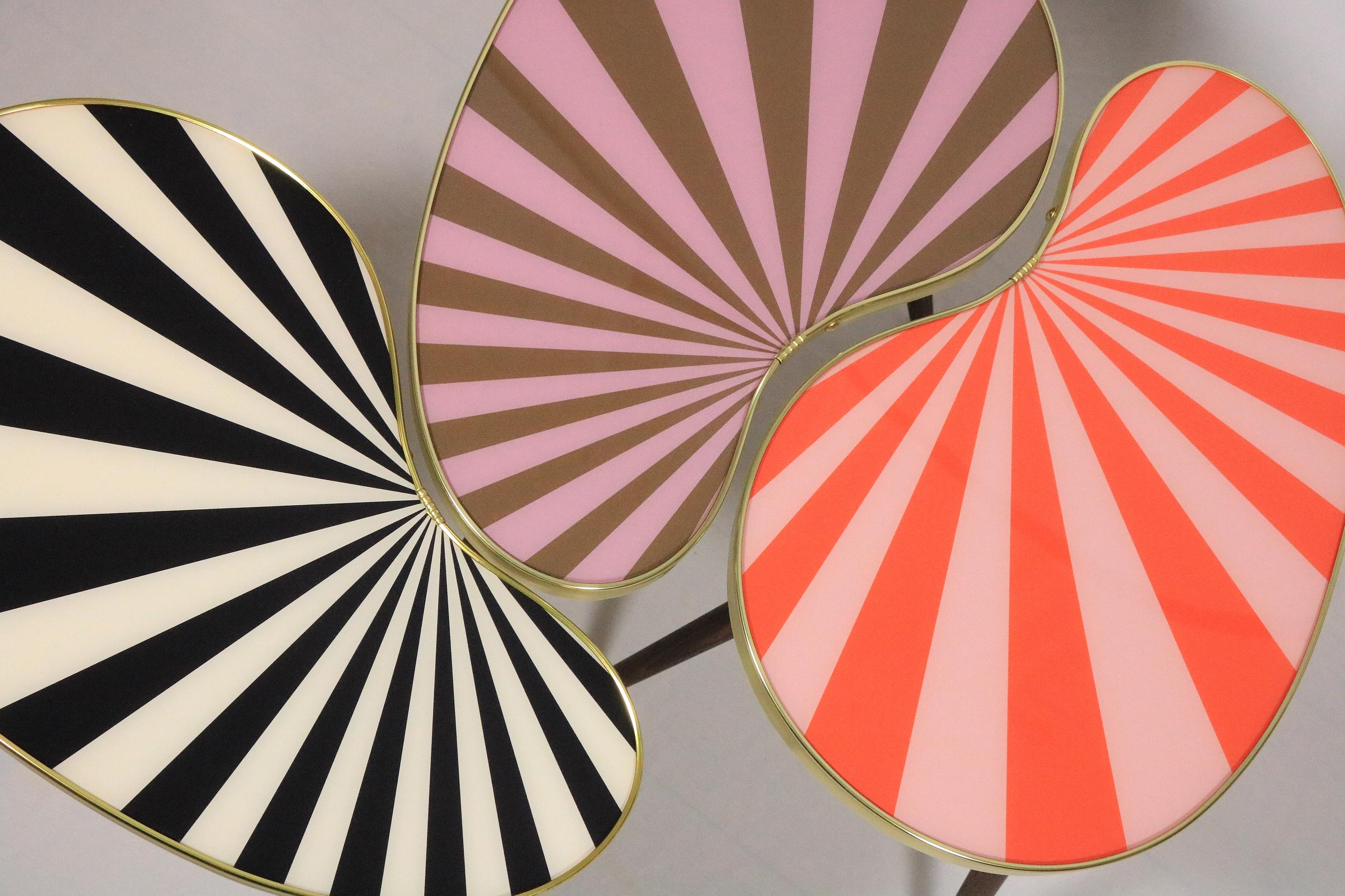 Brass Small Side Table, Kidney Shaped, Black-White Stripes, 3 Elegant Legs, 50s Style For Sale