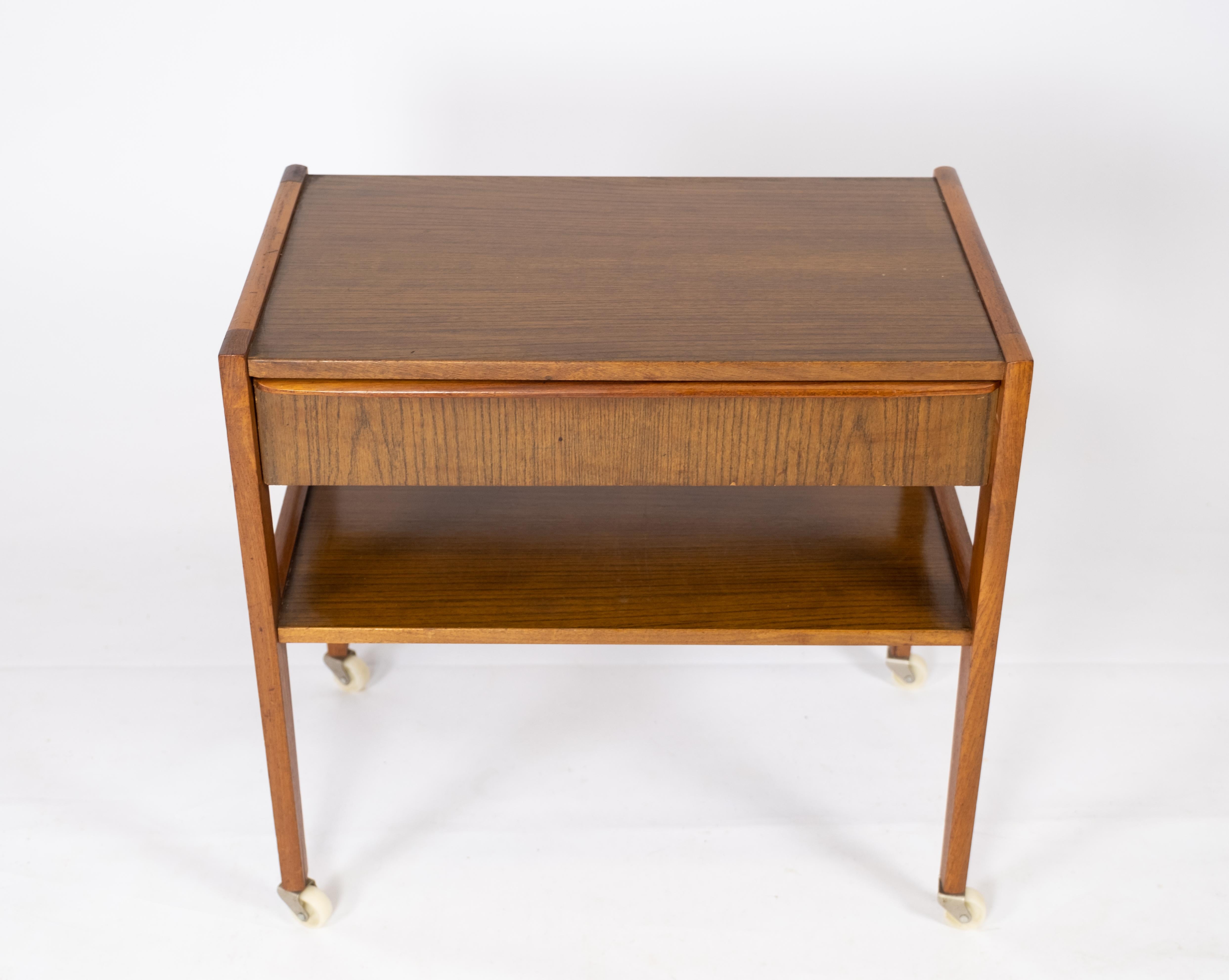 Small side table with drawer in teak of Danish design from the 1960s. The chest is in great vintage condition.

This product will be inspected thoroughly at our professional workshop by our educated employees, who assure the product quality

