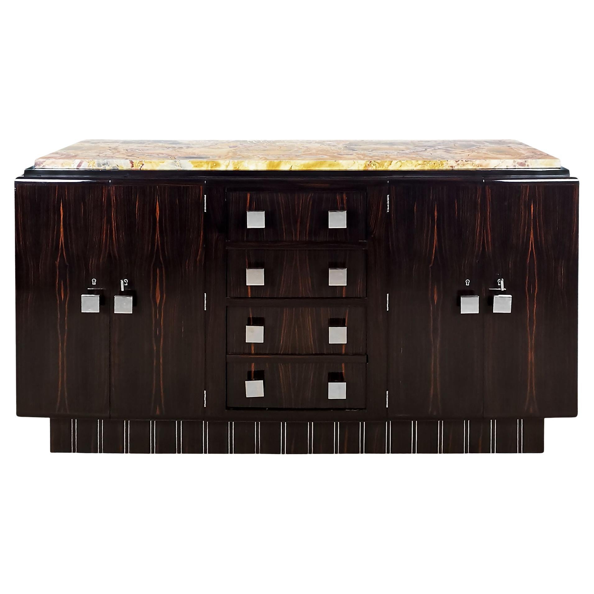 Art Deco Sideboard in Solid Wood with Multicoloured Marble Top - France 1930