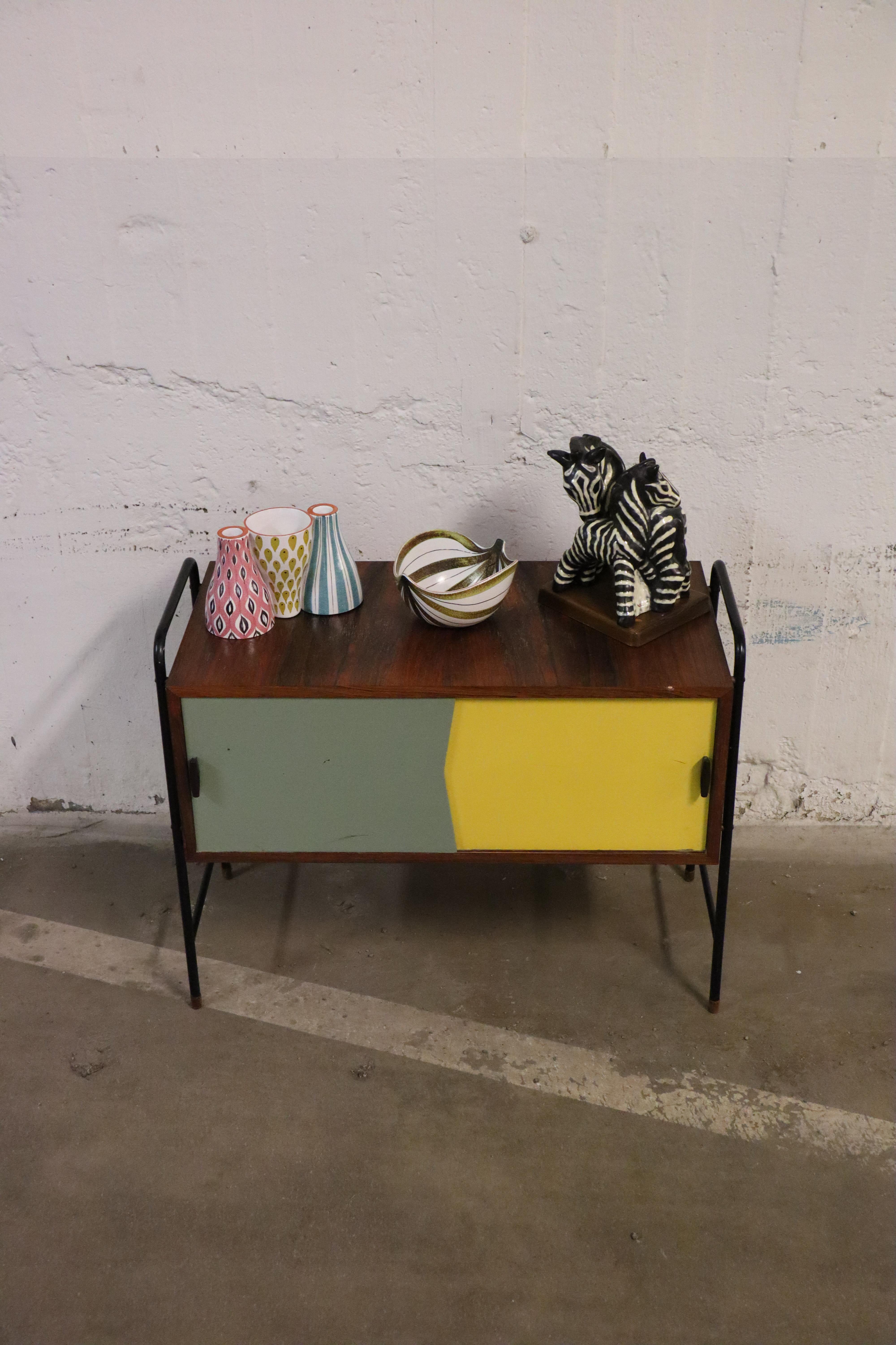 Danish Small Sideboard, Yellow/Gray - Sliding Doors - Probably Denmark 1950s For Sale