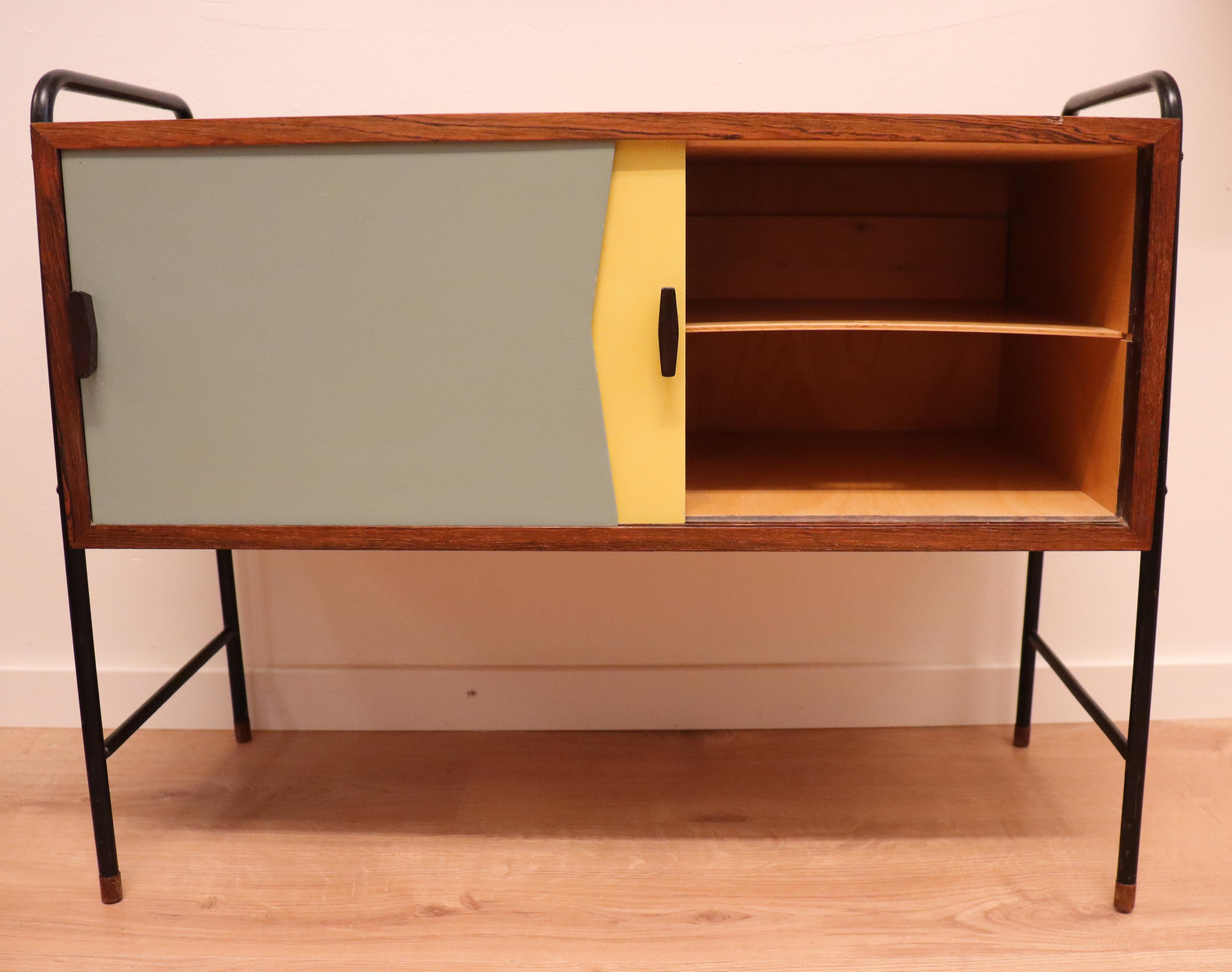 Mid-20th Century Small Sideboard, Yellow/Gray - Sliding Doors - Probably Denmark 1950s For Sale