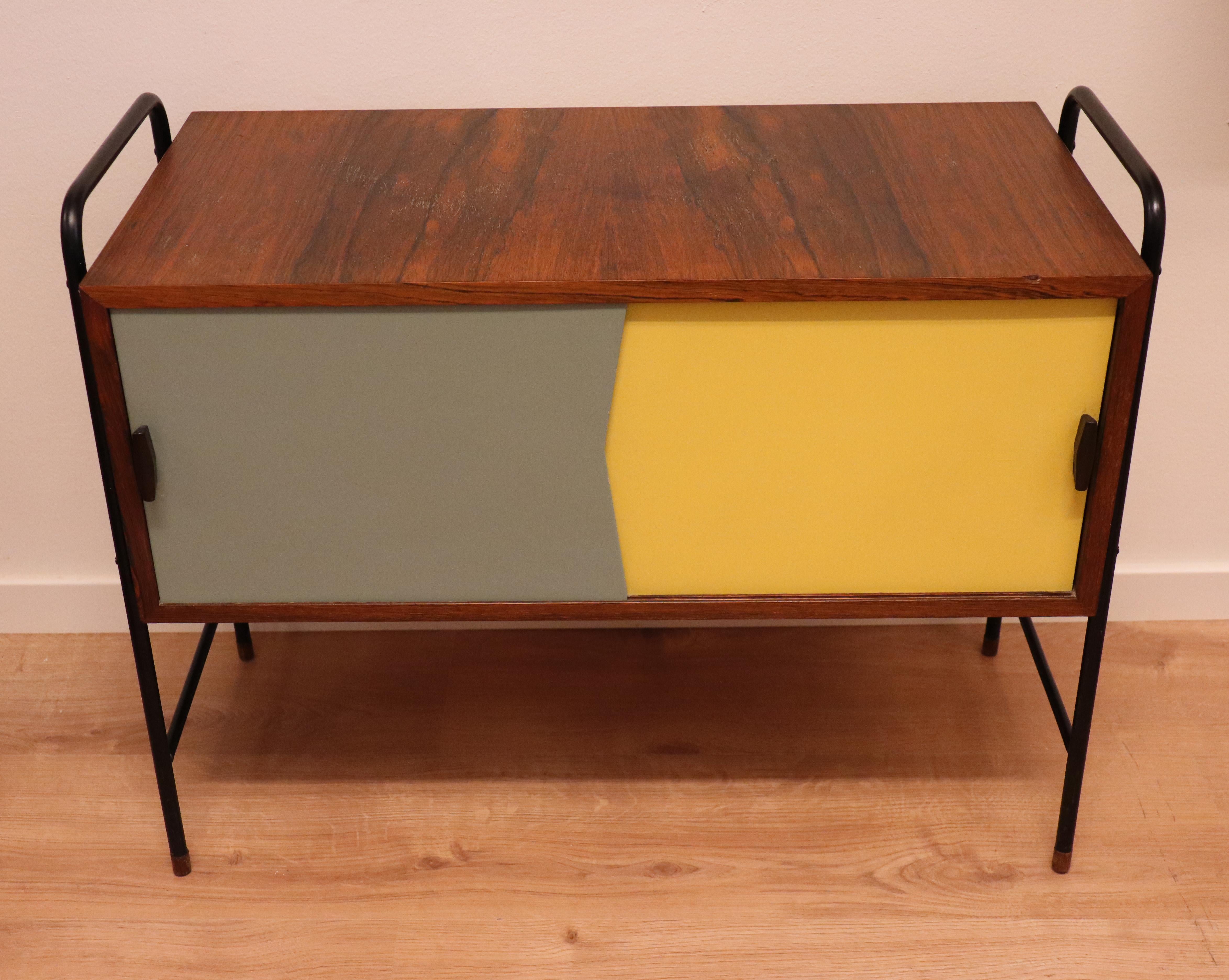 Teak Small Sideboard, Yellow/Gray - Sliding Doors - Probably Denmark 1950s For Sale