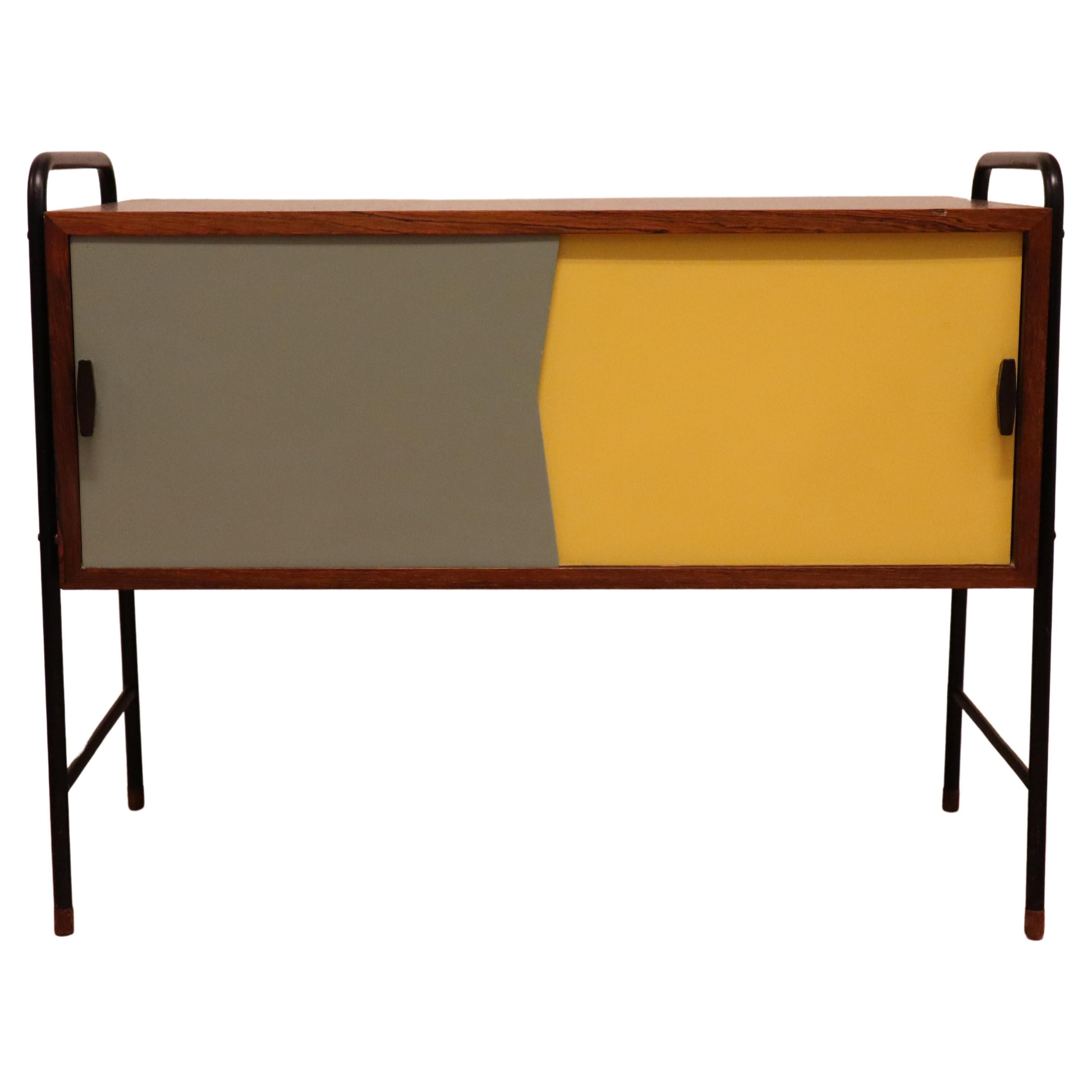 Small Sideboard, Yellow/Gray - Sliding Doors - Probably Denmark 1950s For Sale