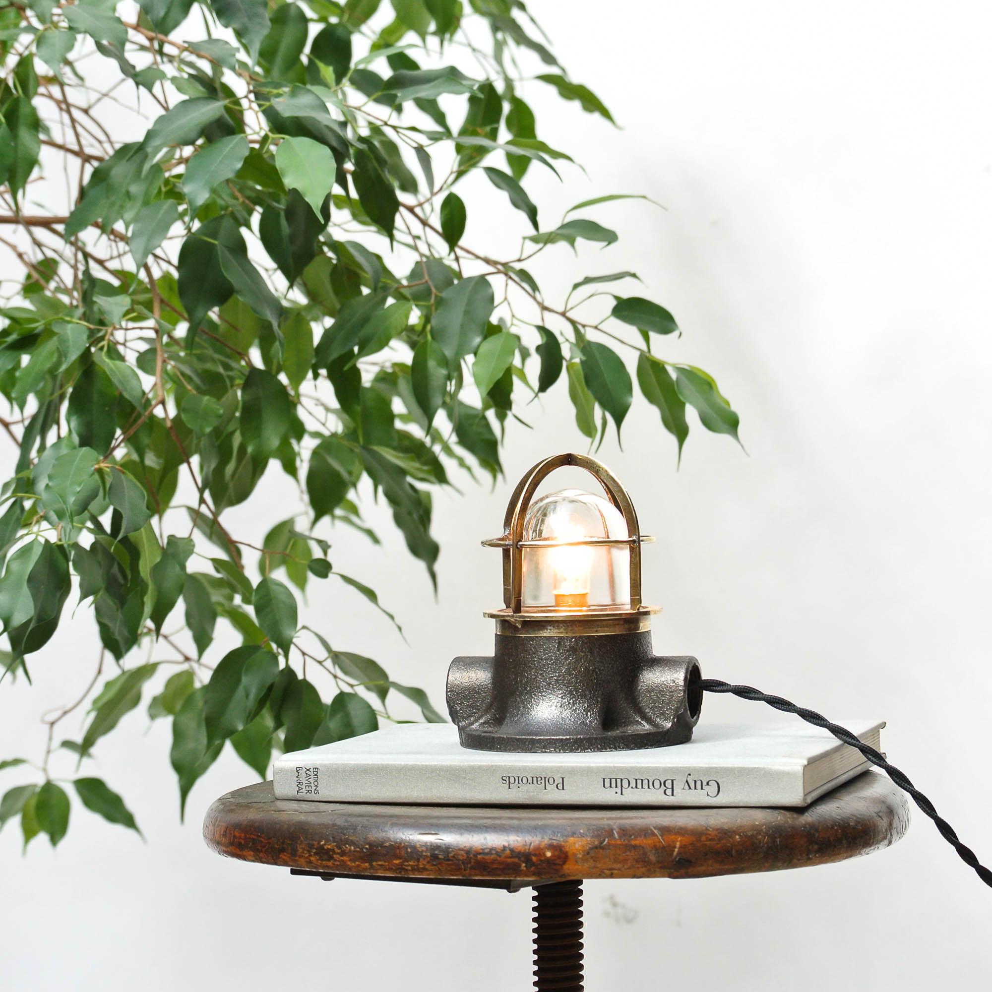 French Small Signal Lamp in Brass and Patinated Cast Iron, circa 1960