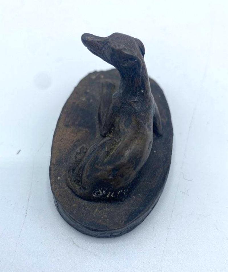 Unknown Small Signed Early 20th Century Bronze Sculpture of Reclining Whippet Dog For Sale