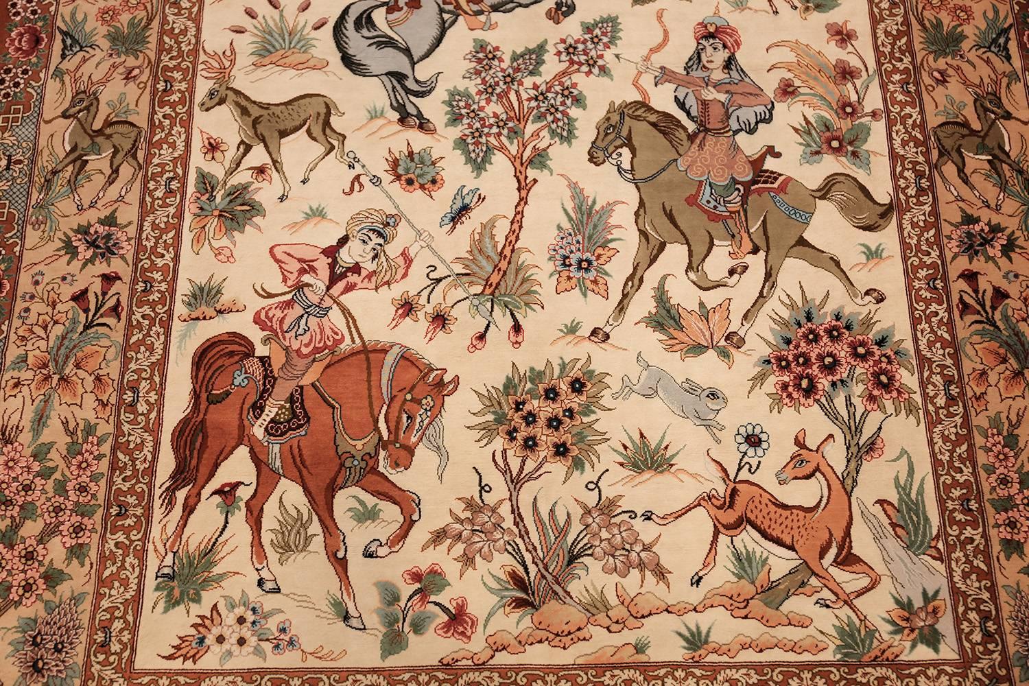 Other Silk Persian Hunting Scene Qum Rug. 3 ft 5 in x 5 ft 1 in  For Sale