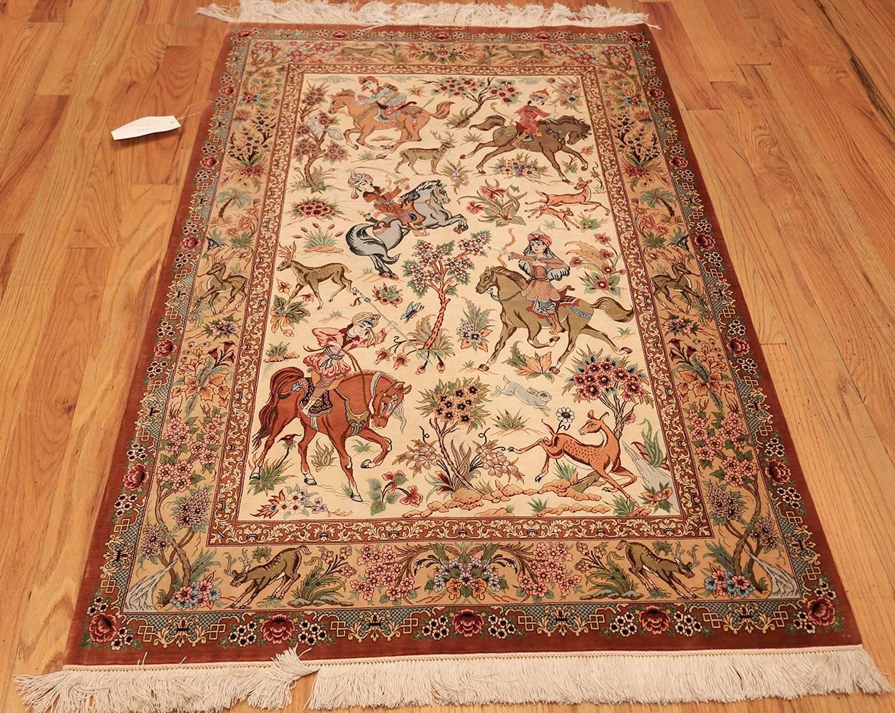 20th Century Silk Persian Hunting Scene Qum Rug. 3 ft 5 in x 5 ft 1 in  For Sale