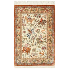 Silk Persian Hunting Scene Qum Rug. 3 ft 5 in x 5 ft 1 in