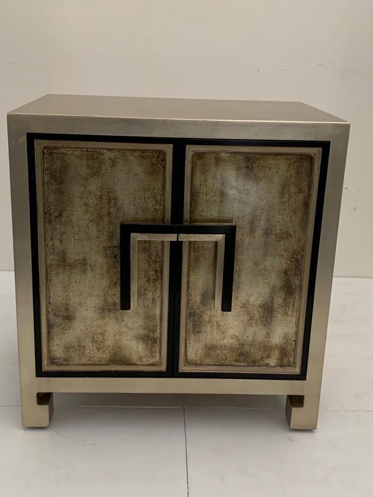 Sideboard by Lam Lee Group, 1990s. Silver wood structure with black lacquered borders. It shows signs of wear, particularly on the top.

