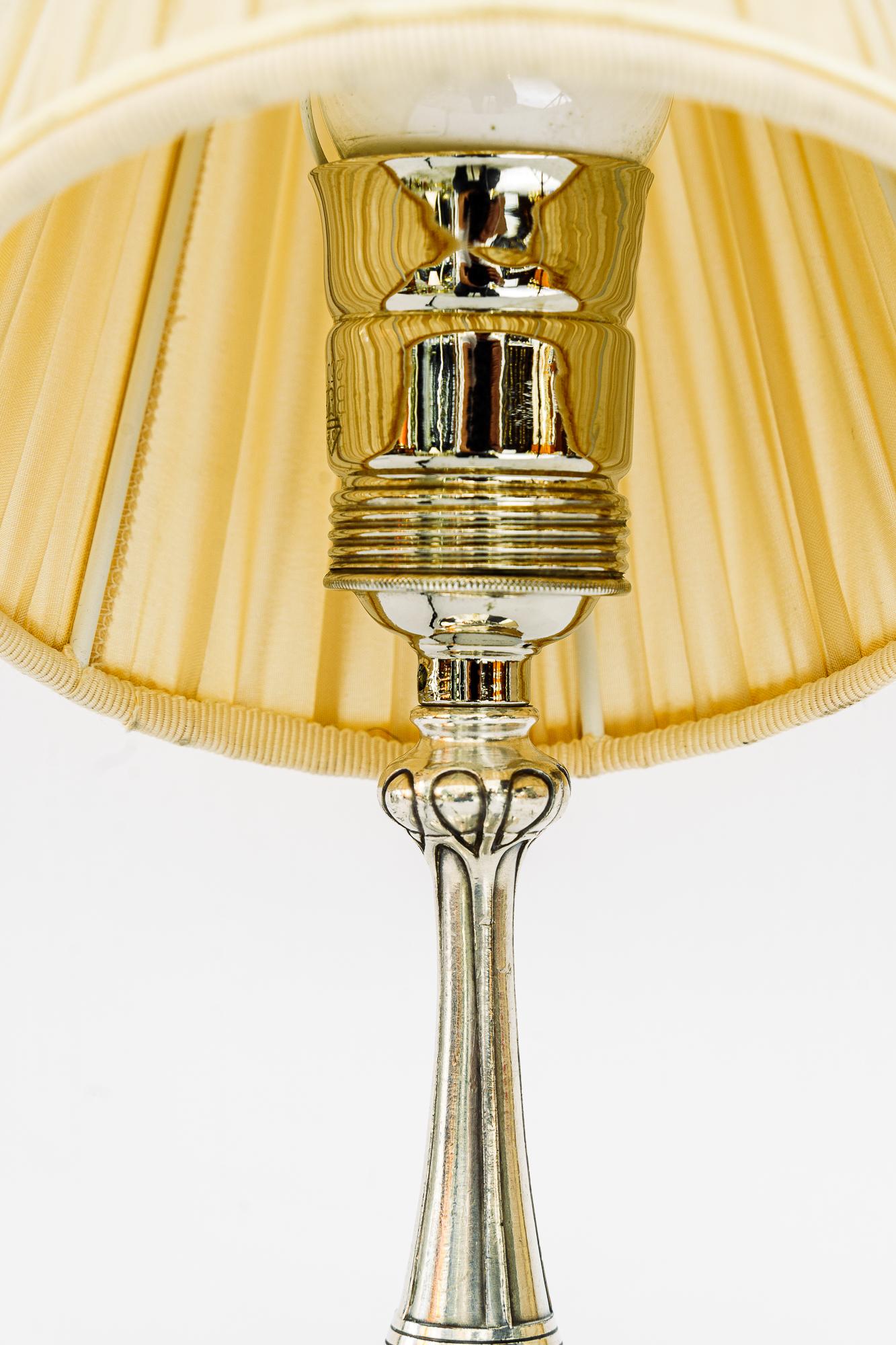 Small silvered art deco table lamp with fabric shade vienna around 1920s In Good Condition For Sale In Wien, AT