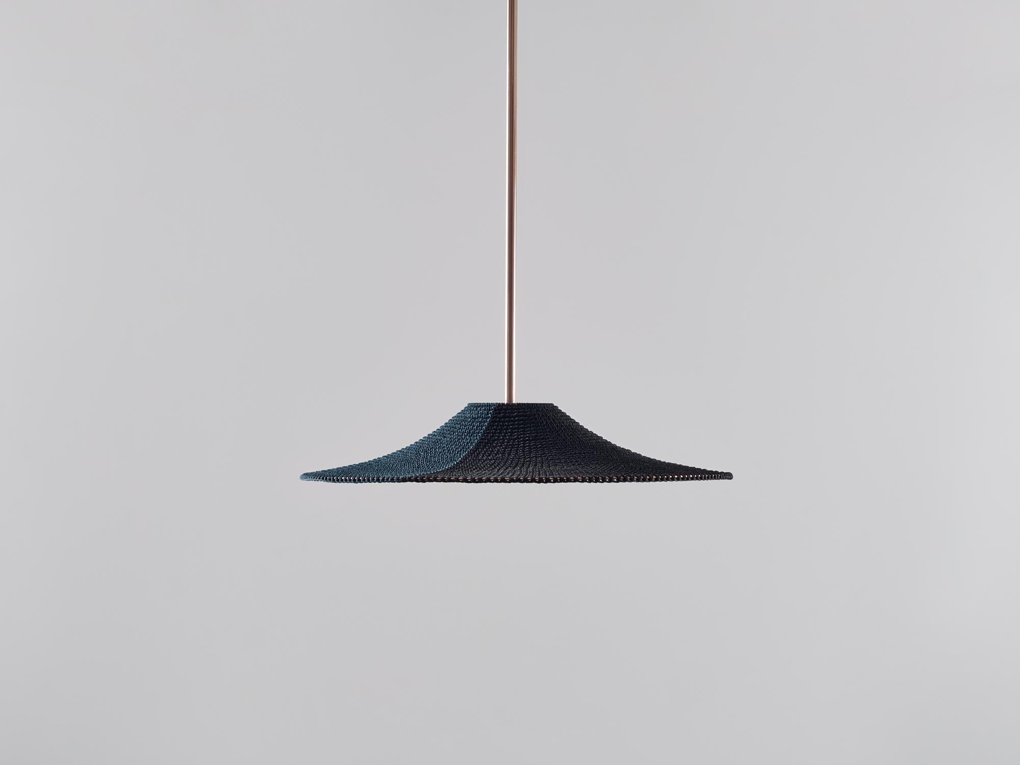 Small simple shade 01 50/50 pendant lamp by Naomi Paul
Dimensions: D 50 x H 8 cm
Materials: Metal frame, Egyptian cotton cord.
Colors: Deepsea and Black.
Available in other colors and in 3 sizes: D 50, D 60, D 80 cm.
Available in plain, 50/50,