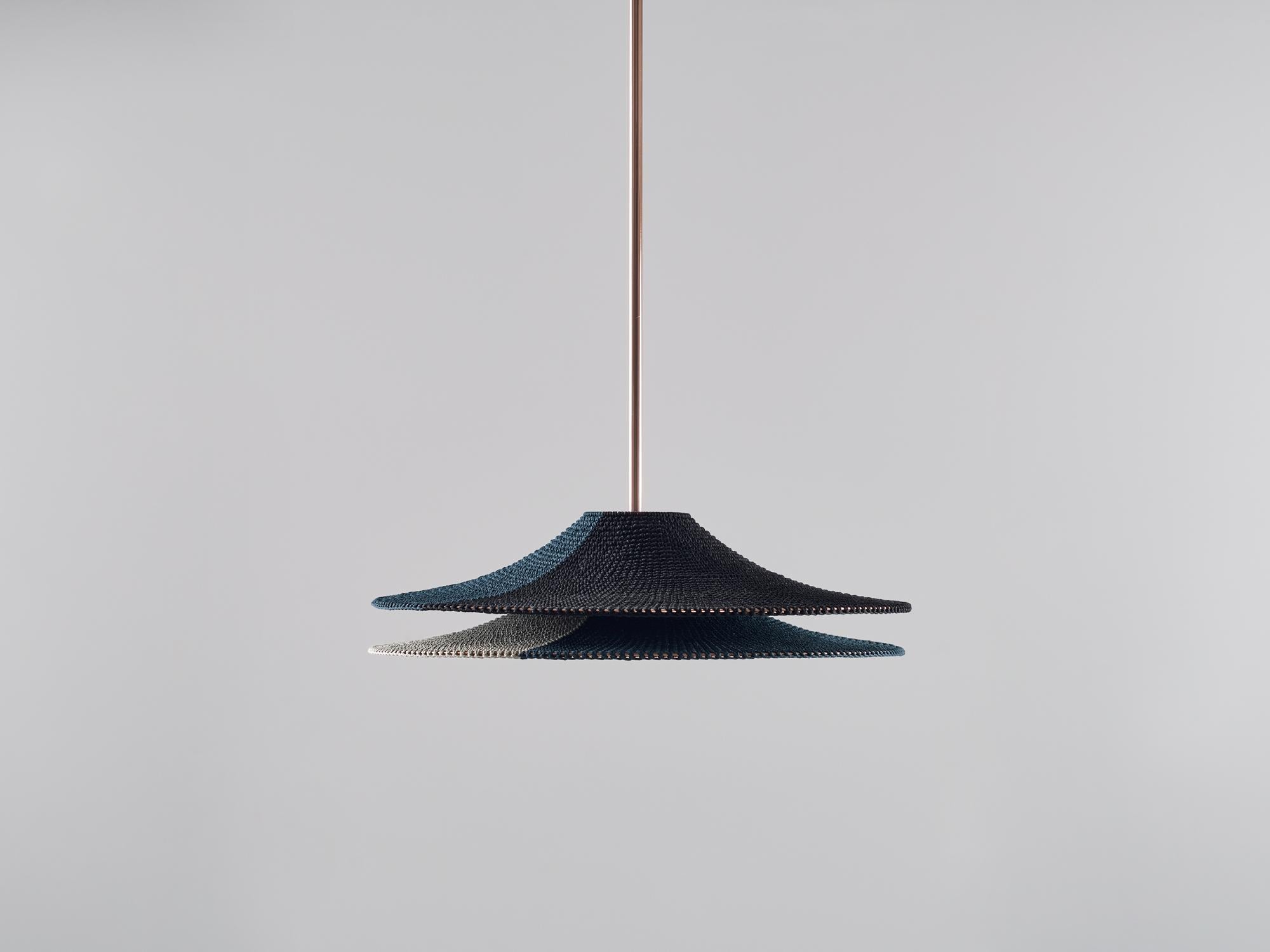 Small Simple Shade 02 50/50 Pendant Lamp by Naomi Paul
Dimensions: D 50 x H 14 cm
Materials: Metal frame, Egyptian cotton cord.
Colors: Black and Deepsea, Deepsea and Putty.
Available in other colors and in 3 sizes: D50, D60, D80 cm.
Available in