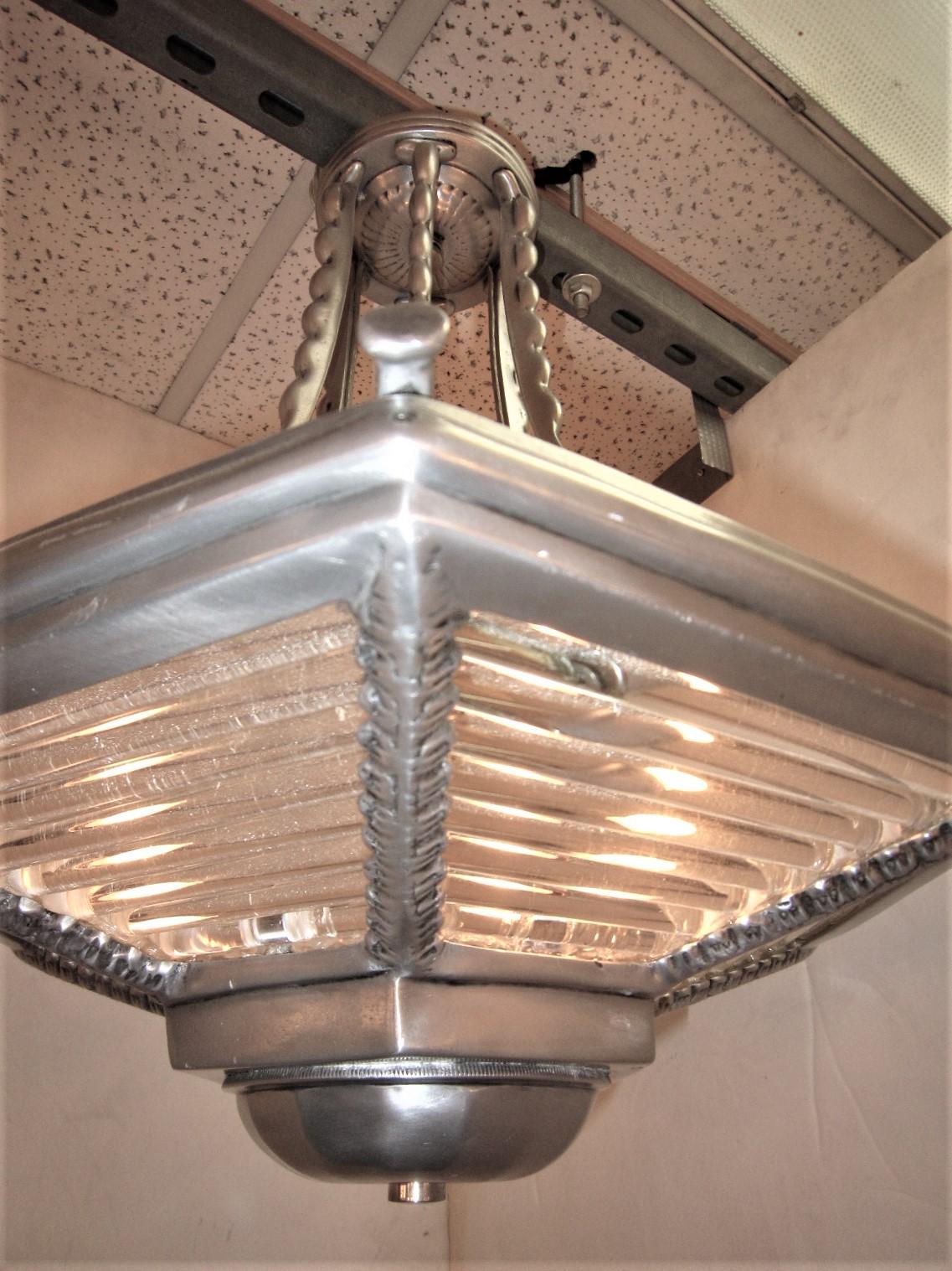 Small Six Sided Glass and Aluminum Art Deco Chandelier For Sale 7