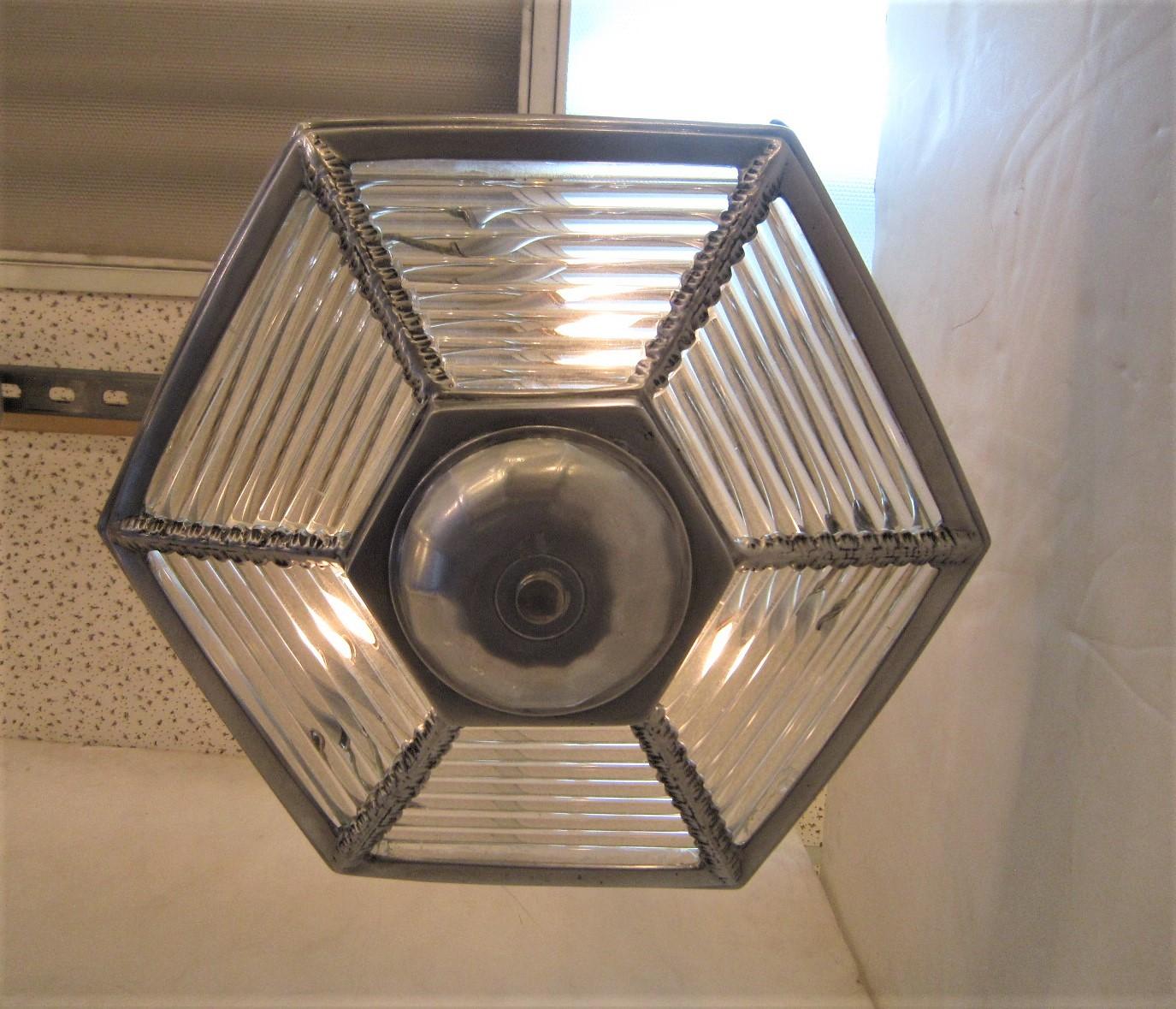 Small Six Sided Glass and Aluminum Art Deco Chandelier For Sale 10