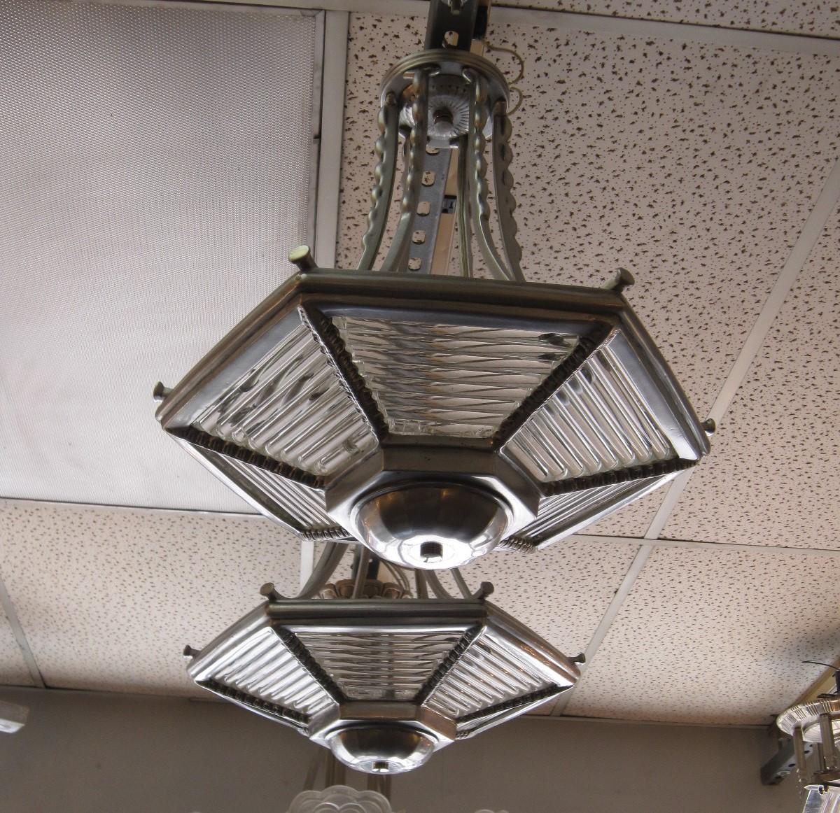 Small Six Sided Glass and Aluminum Art Deco Chandelier For Sale 11