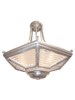 Six Sided Glass rod and Aluminum Art Deco Chandelier w/ scallopped stem