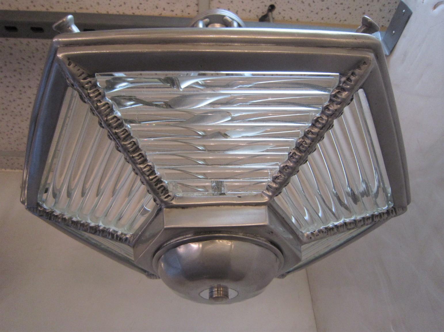 Small Six Sided Glass and Aluminum Art Deco Chandelier In Good Condition For Sale In New York City, NY