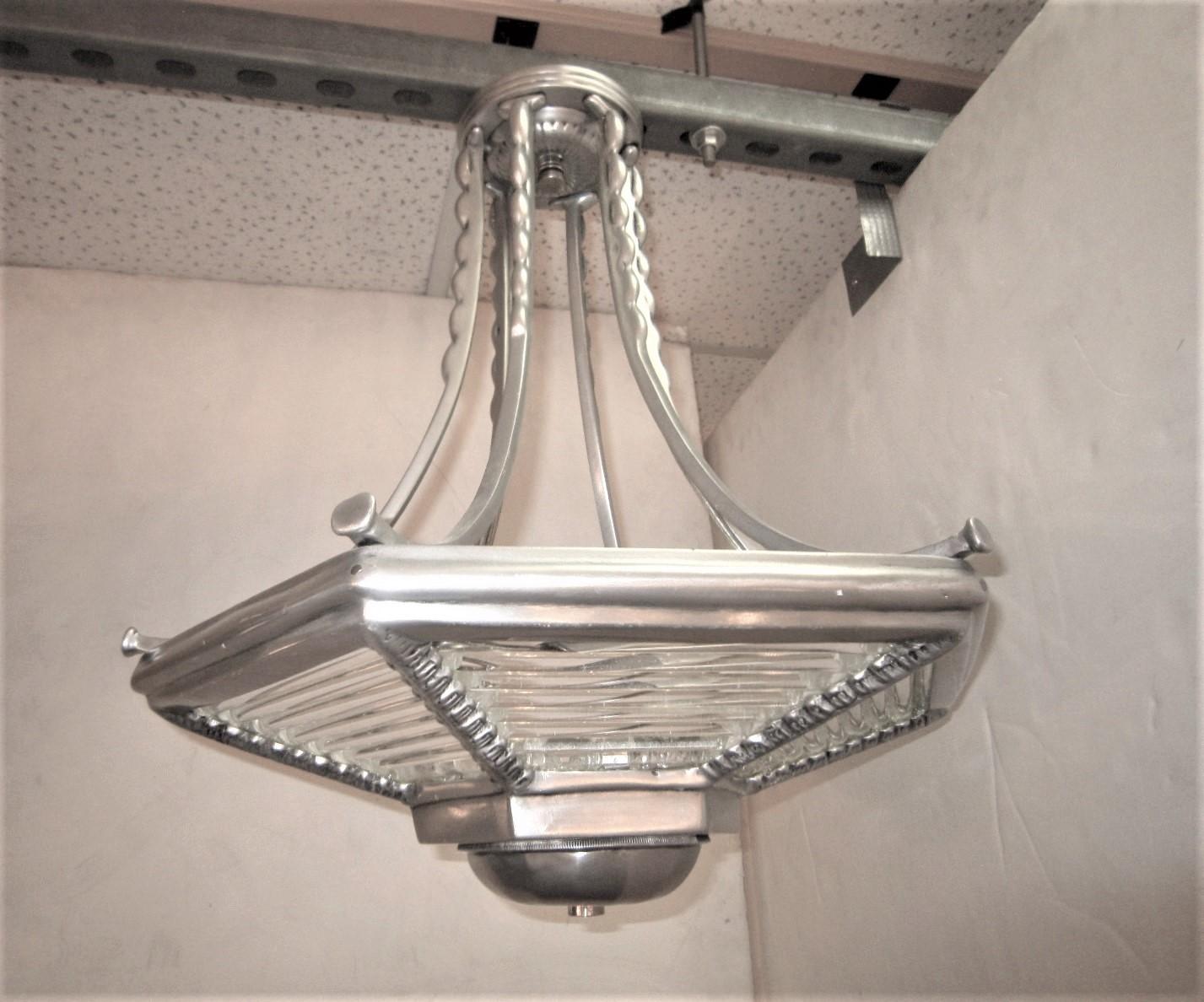 Small Six Sided Glass and Aluminum Art Deco Chandelier For Sale 1