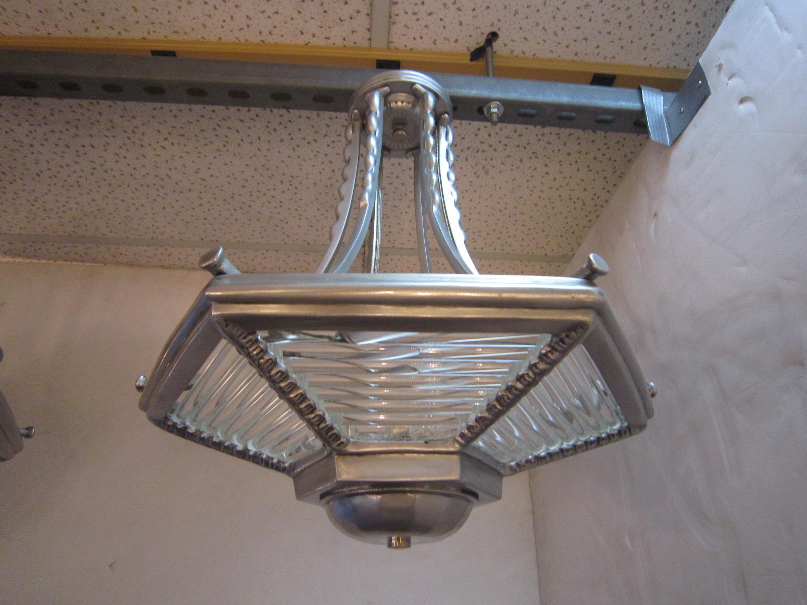 Small Six Sided Glass and Aluminum Art Deco Chandelier For Sale 2