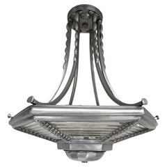 Six Sided Glass rod and Aluminum Art Deco Chandelier w/ scallopped stem