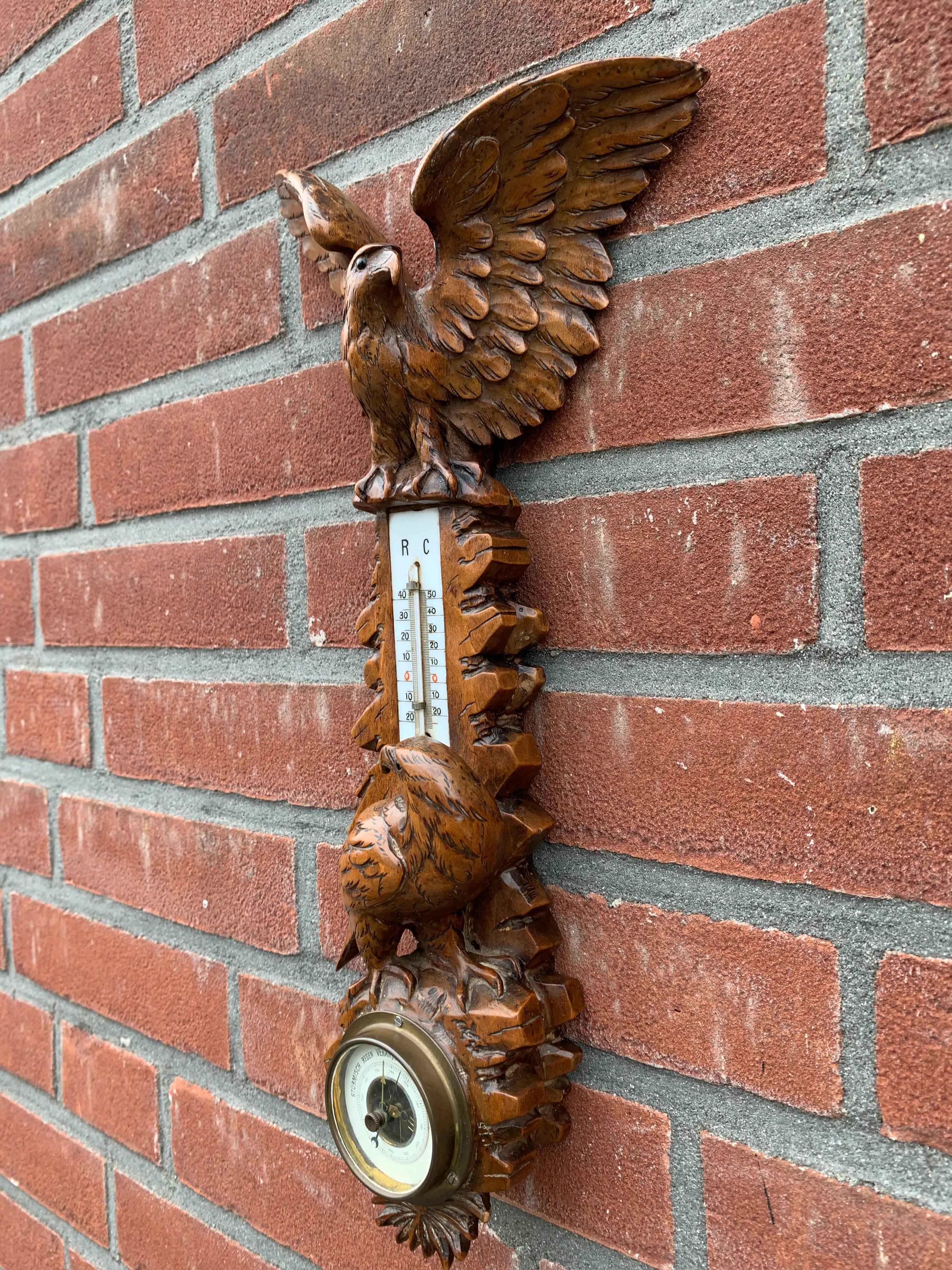 Masterly Carved Black Forest Wall Barometer / Weather Station w Eagle Sculptures 4