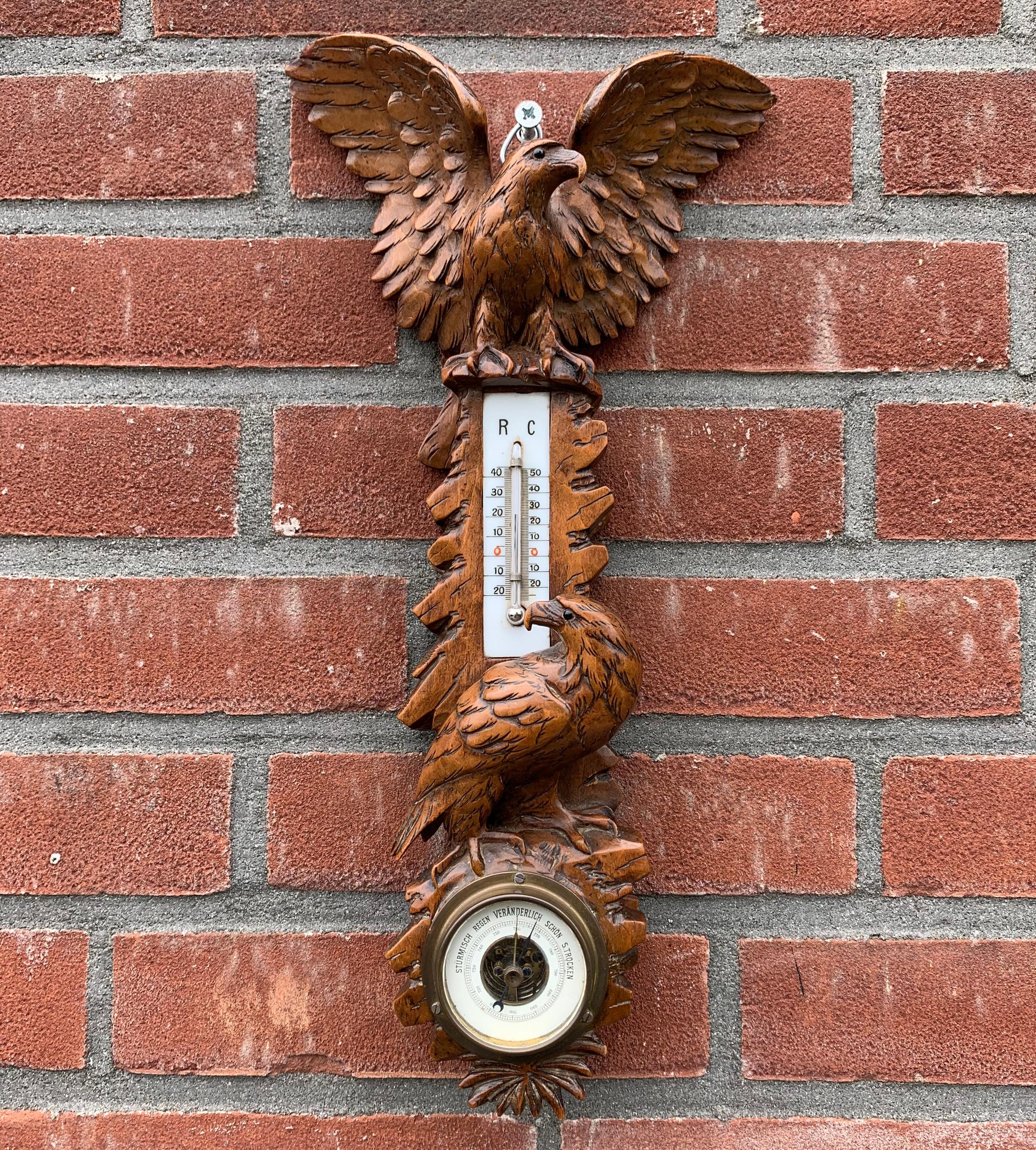 Masterly Carved Black Forest Wall Barometer / Weather Station w Eagle Sculptures 5