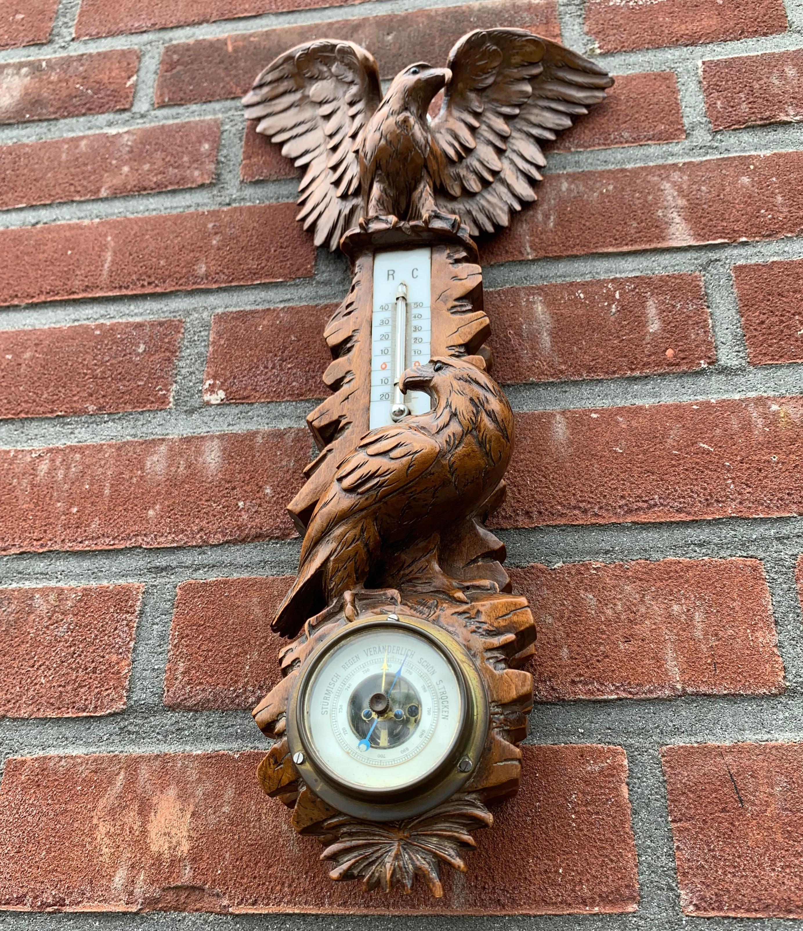 Masterly Carved Black Forest Wall Barometer / Weather Station w Eagle Sculptures 6