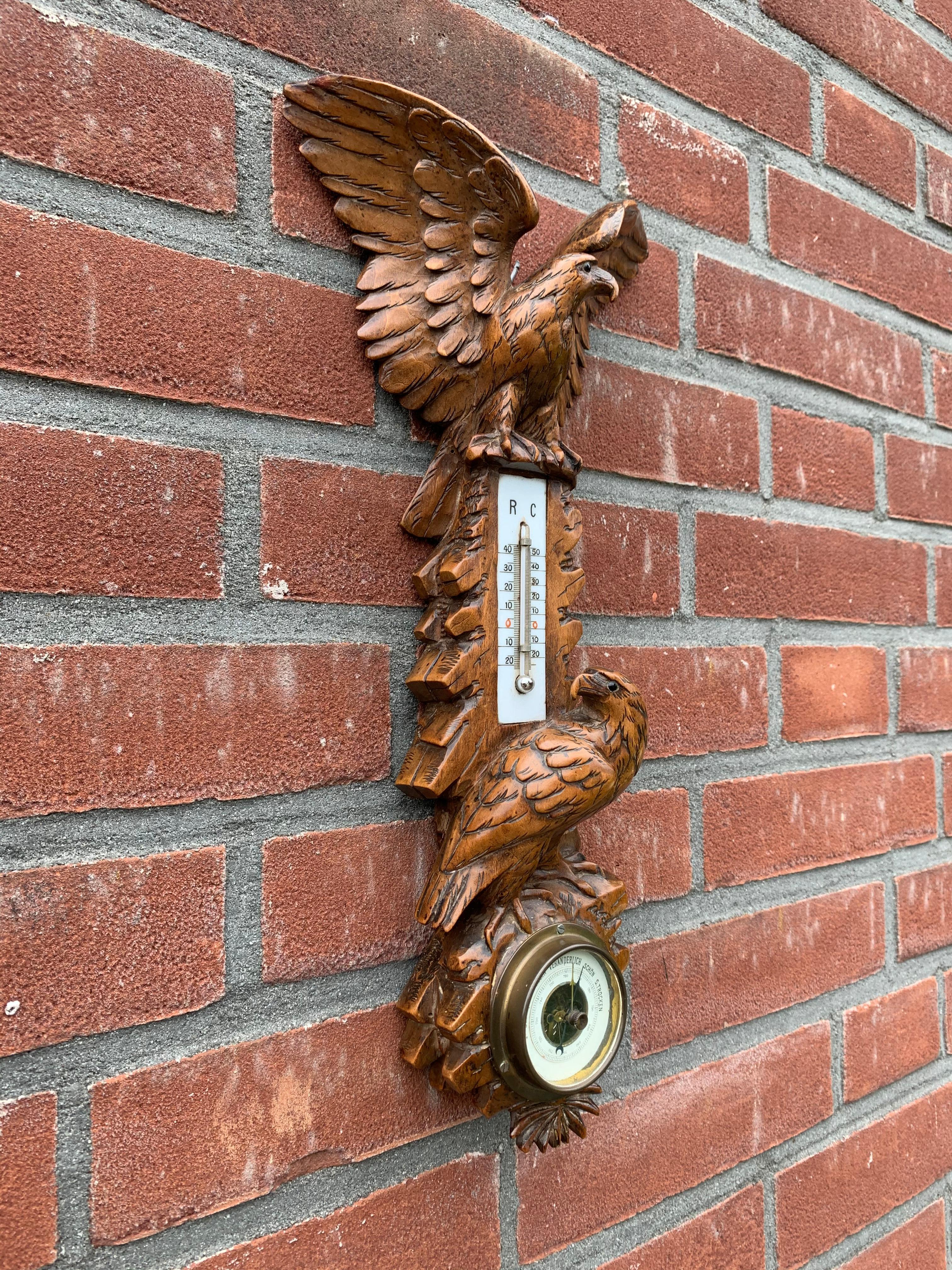 Masterly Carved Black Forest Wall Barometer / Weather Station w Eagle Sculptures 7