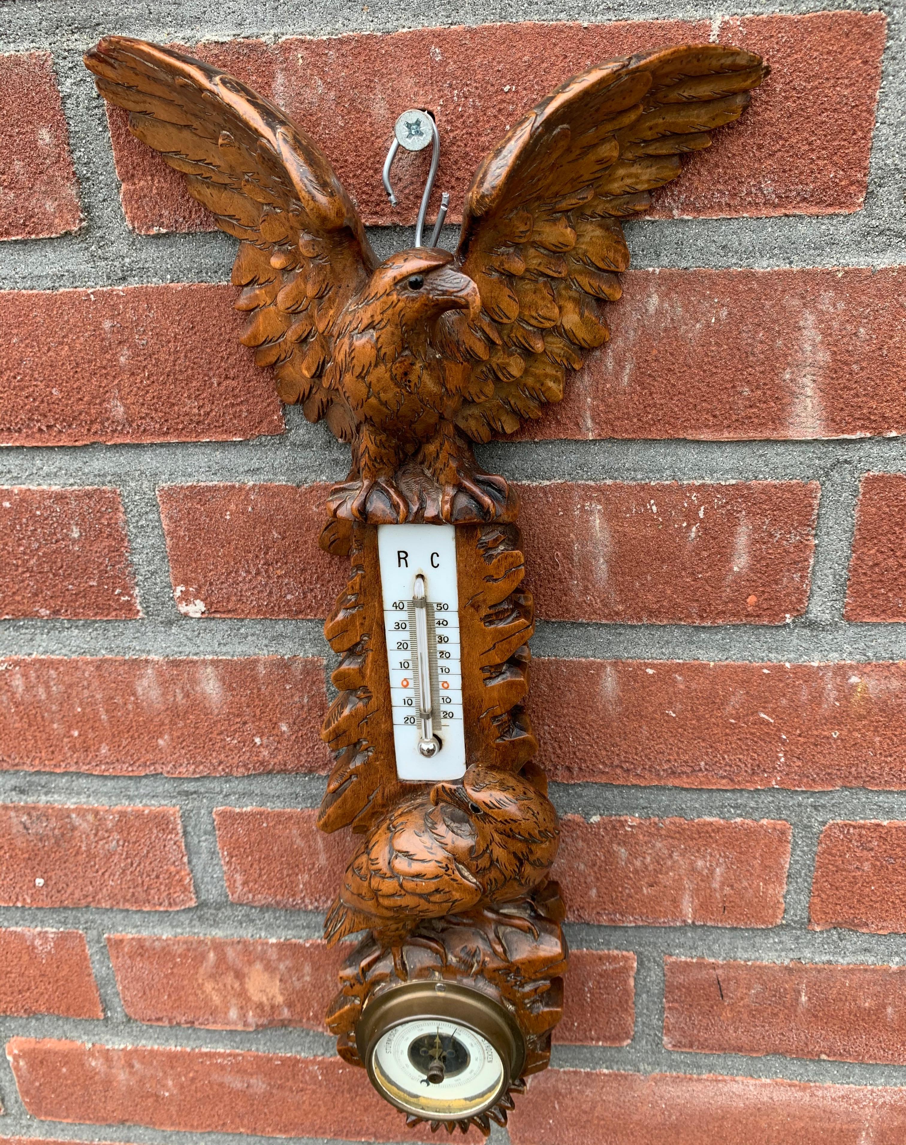 Top quality hand carved, antique barometer.

This rare Black Forest barometer depicting two marvelous eagles is incredibly well carved and it has the most beautiful patina. The majestic eagle on top of this rock formation has spread his wings and is