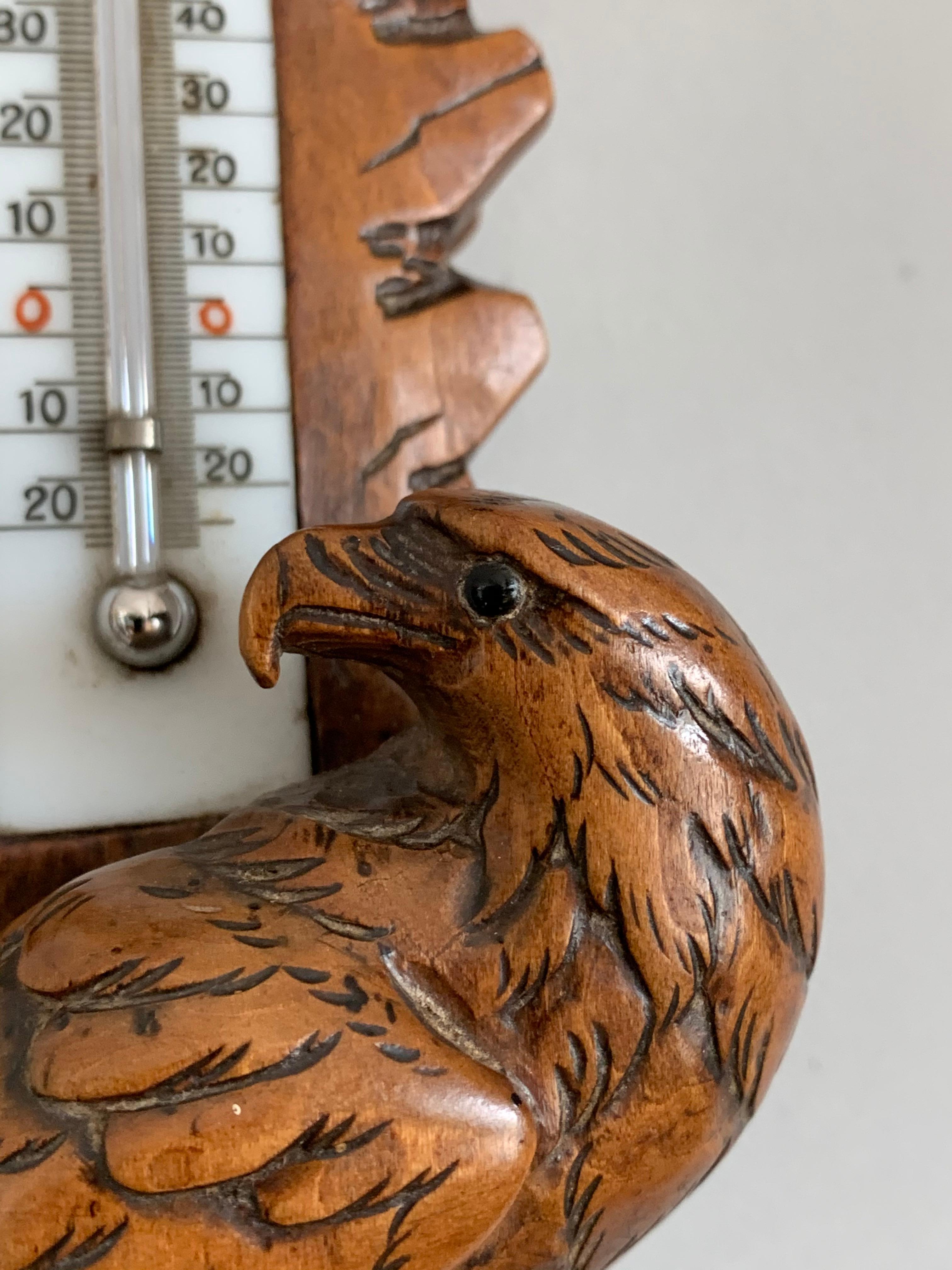 Masterly Carved Black Forest Wall Barometer / Weather Station w Eagle Sculptures In Good Condition In Lisse, NL