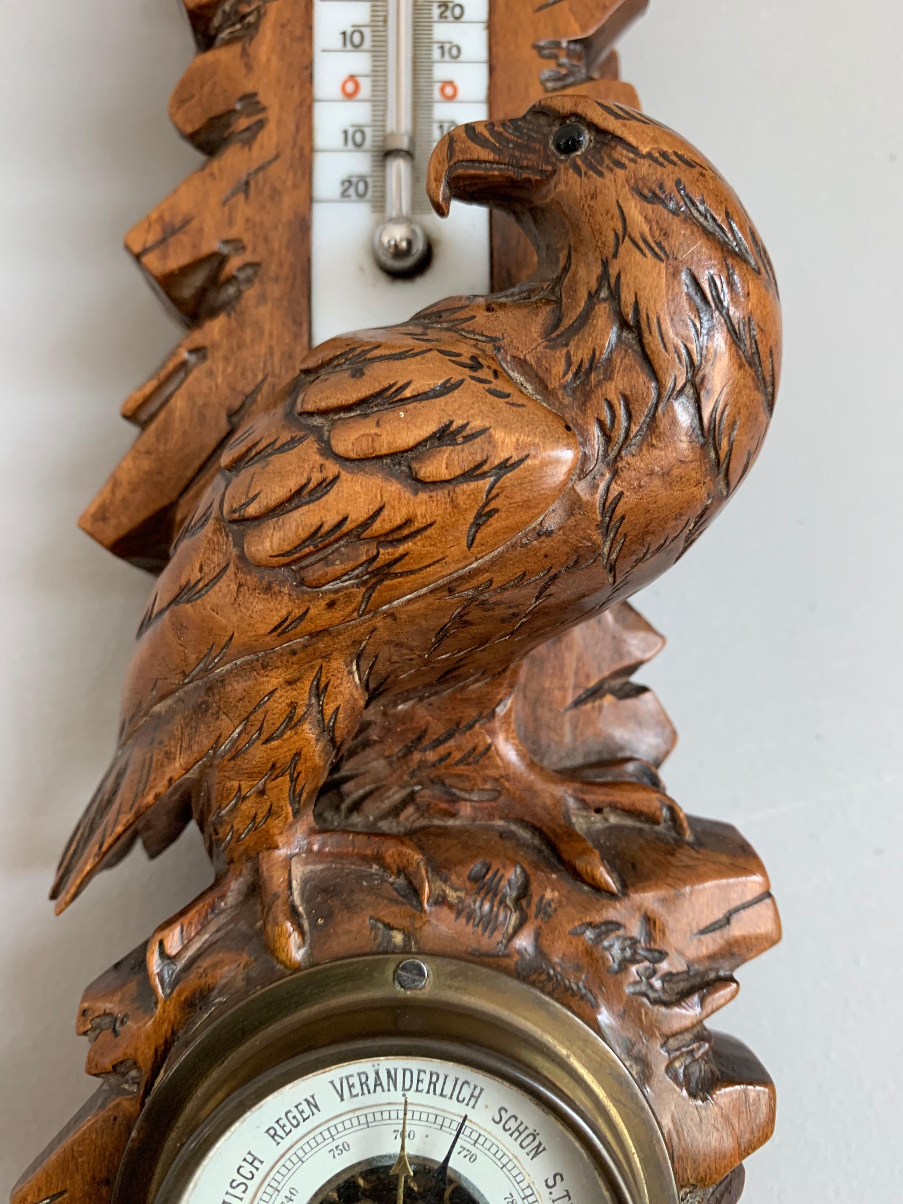 20th Century Masterly Carved Black Forest Wall Barometer / Weather Station w Eagle Sculptures