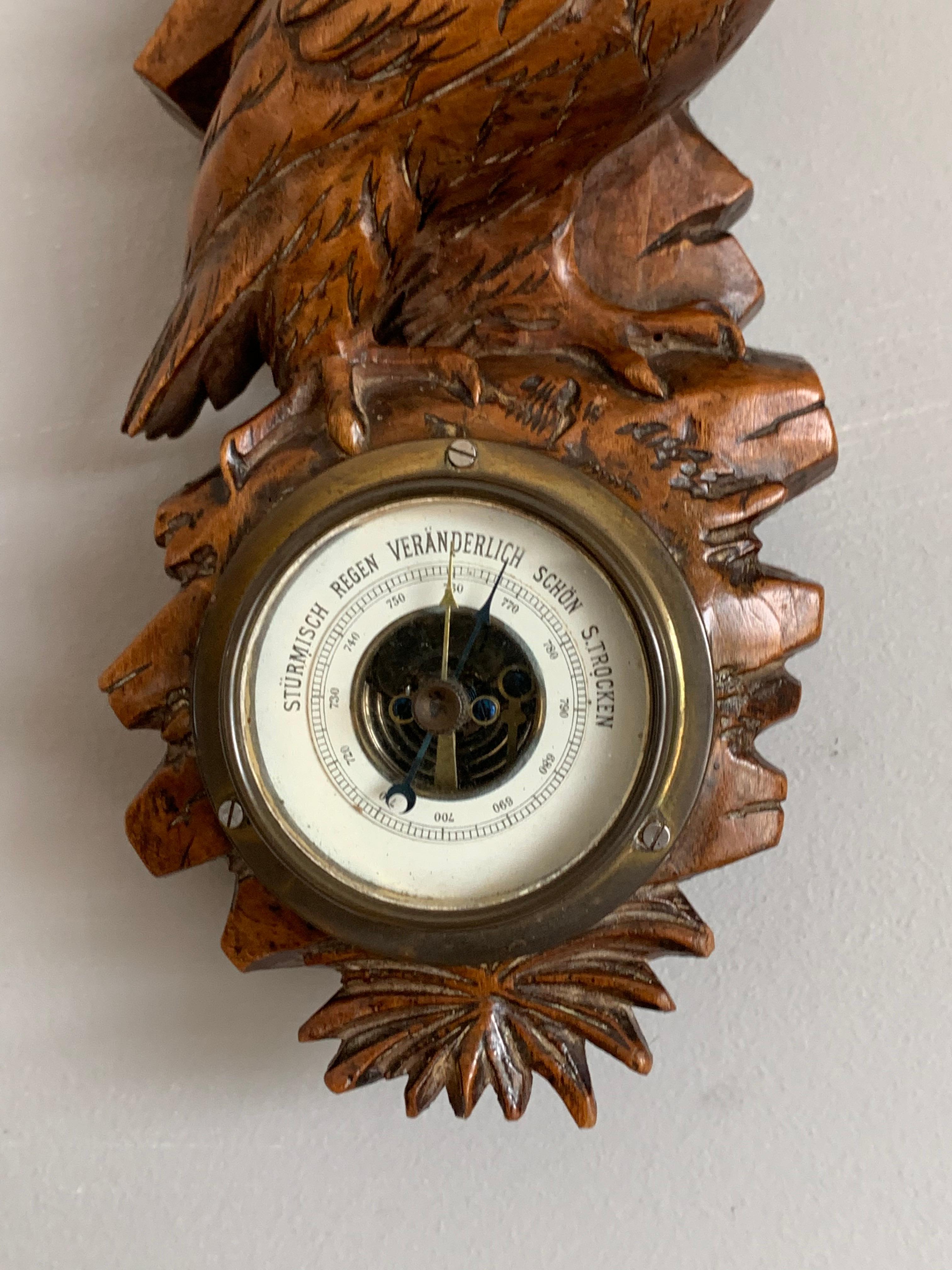 Brass Masterly Carved Black Forest Wall Barometer / Weather Station w Eagle Sculptures
