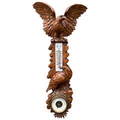 Masterly Carved Black Forest Wall Barometer / Weather Station w Eagle Sculptures