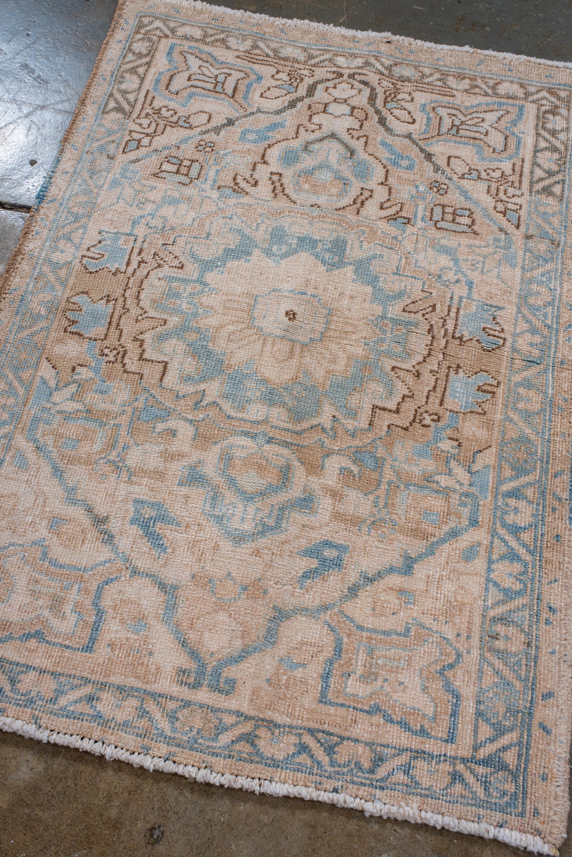 Persian Small Size Antique Heriz Rug with a Muted Color Palette For Sale