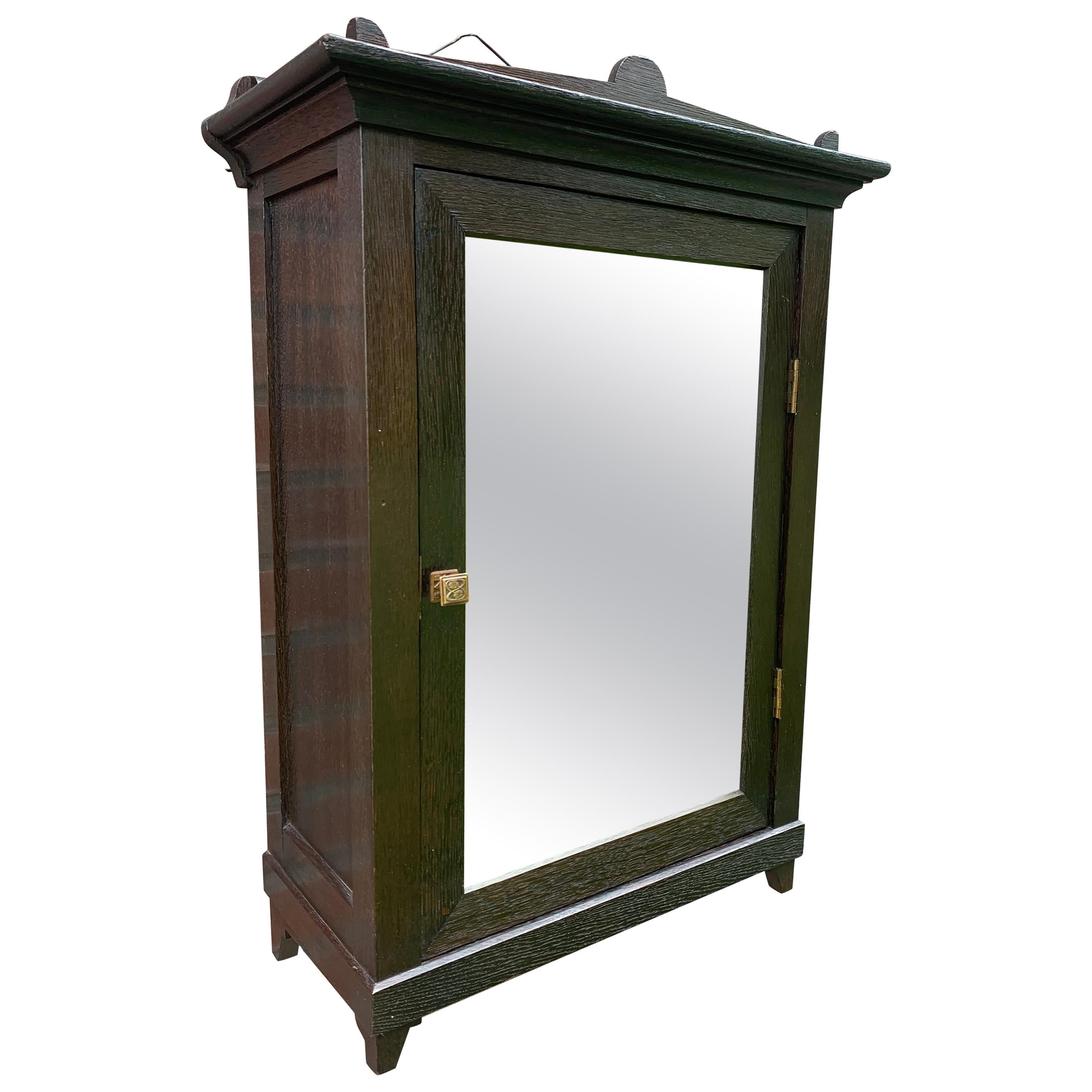 Small Size Arts & Crafts Museum Quality Dark Oak Wall Cabinet with Door Mirror