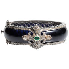 Small Size Black Bakelite, Diamond and Emerald Cuff Bracelet