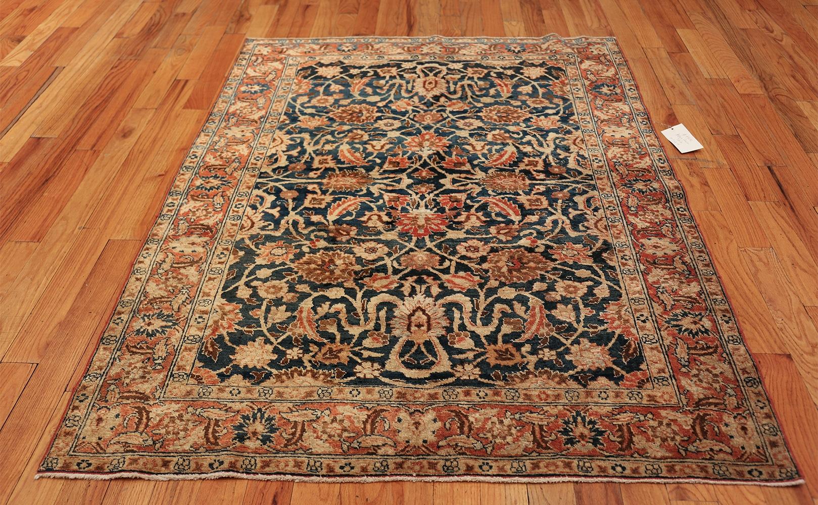 Small Size Blue Background Antique Persian Tabriz Rug. Size: 4' 7