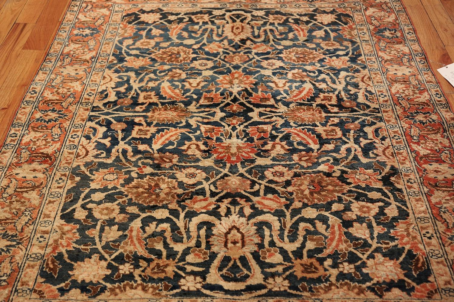 Small Size Blue Background Antique Persian Tabriz Rug. Size: 4' 7