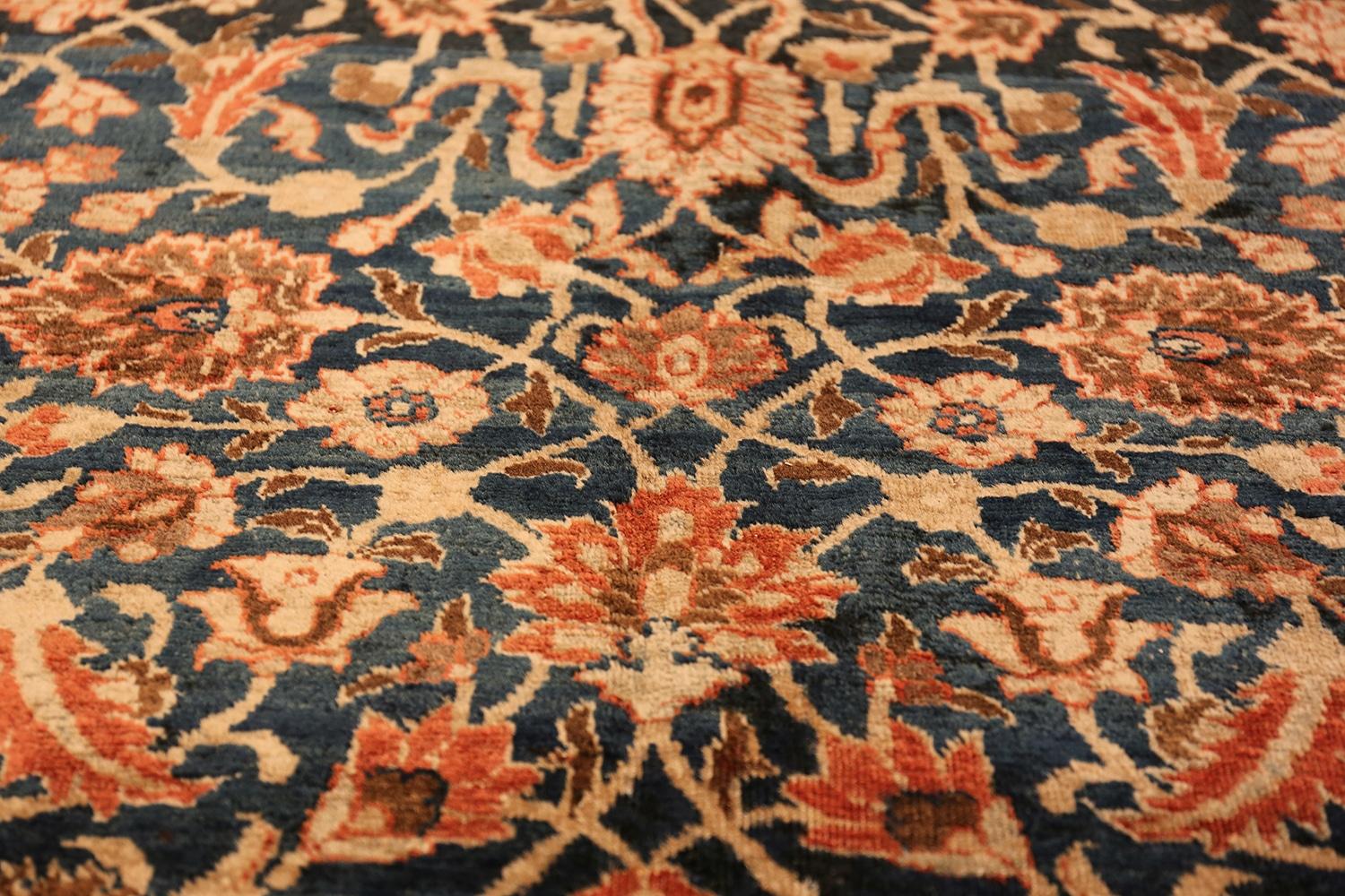 Small Size Blue Background Antique Persian Tabriz Rug. Size: 4' 7