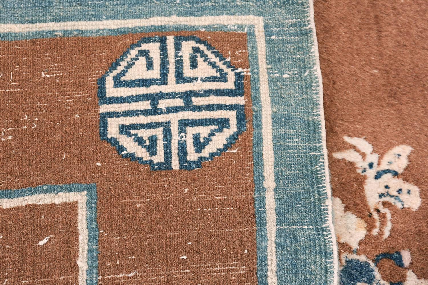 Chinese Export Small Size Brown and Blue Antique Chinese Rug. Size: 4 ft 2 in x 6 ft 9 in