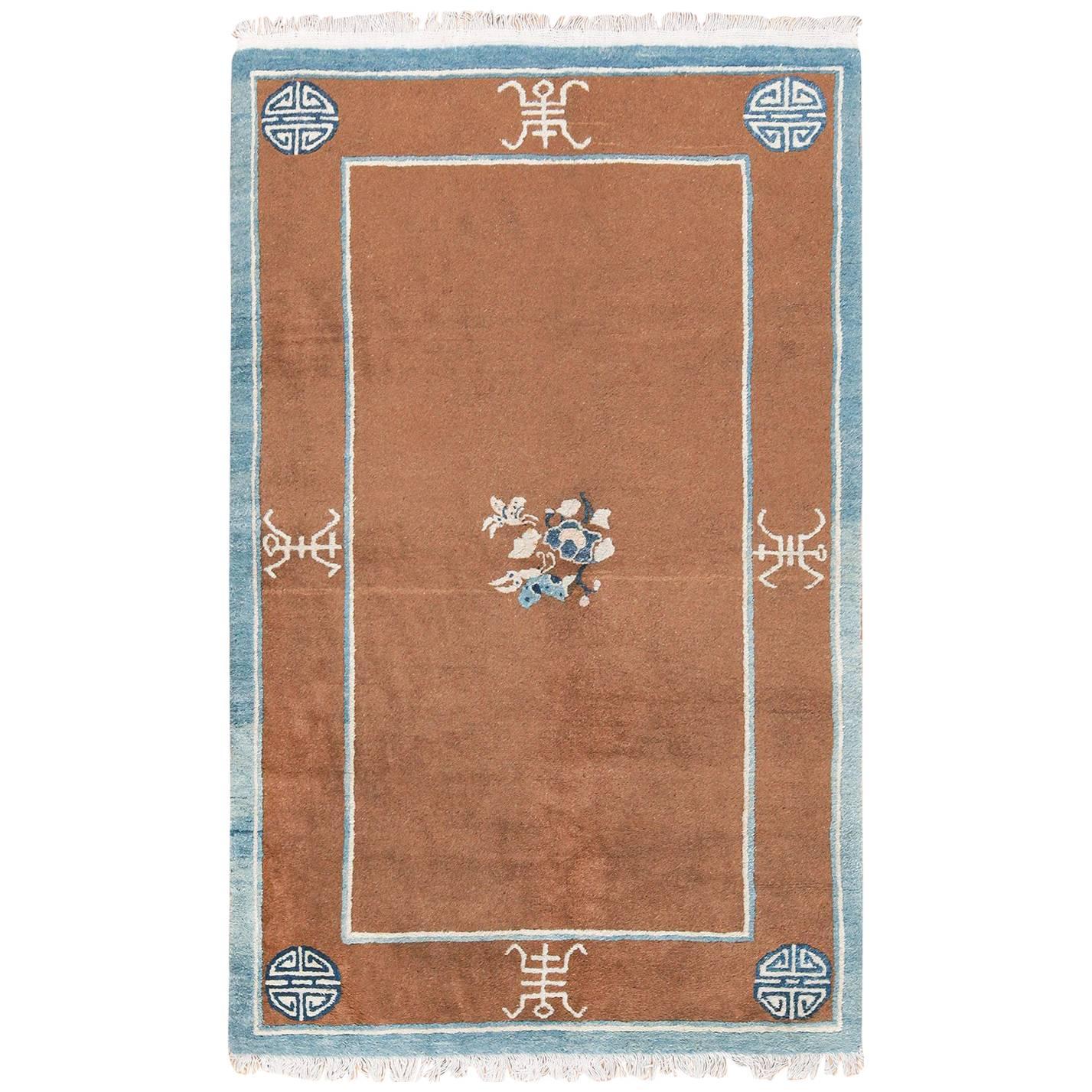 Small Size Brown and Blue Antique Chinese Rug. Size: 4 ft 2 in x 6 ft 9 in