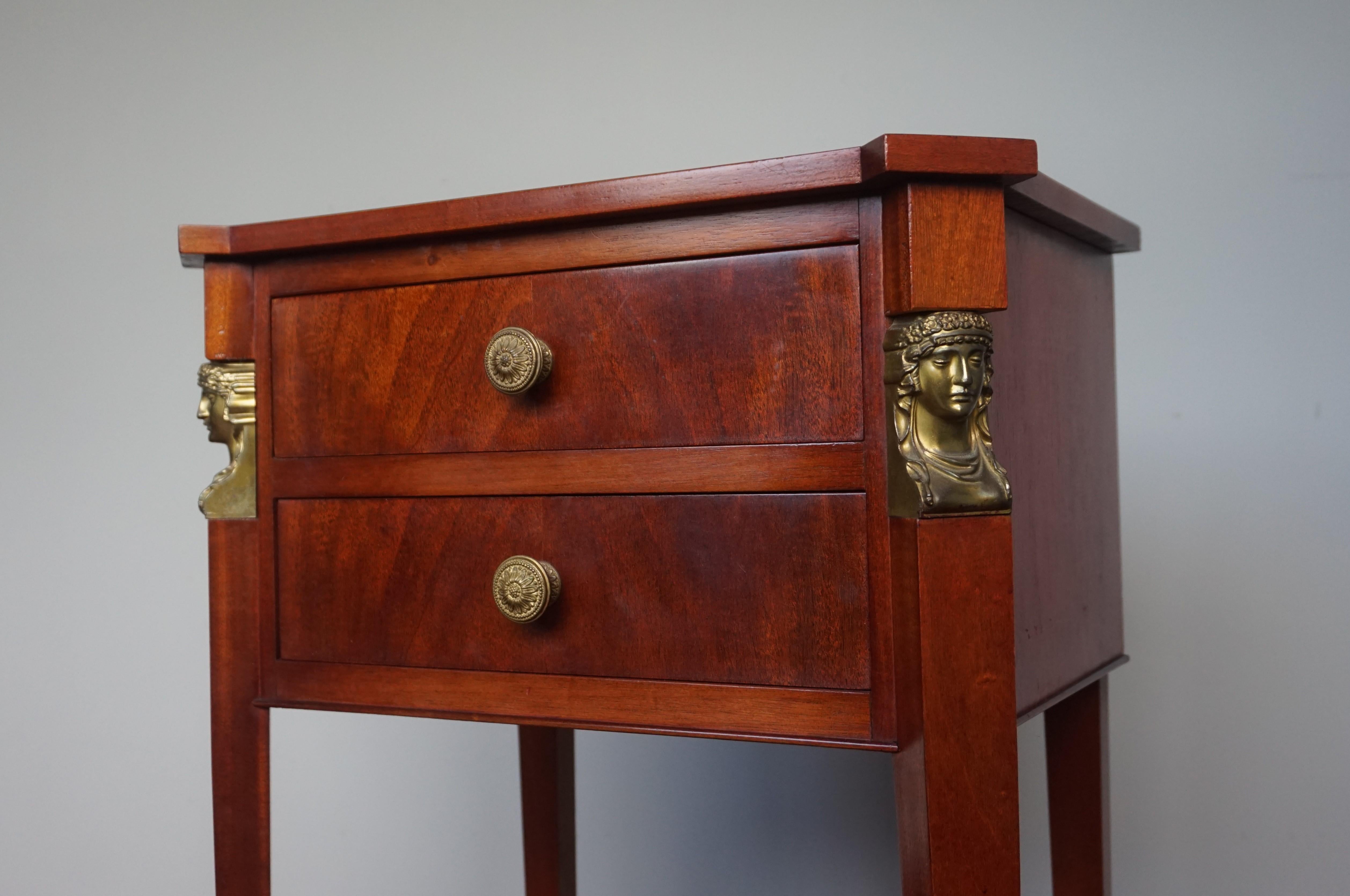 Brass Small Size Empire Revival Patinated End or Side Table w. Drawers & Goddess Masks For Sale