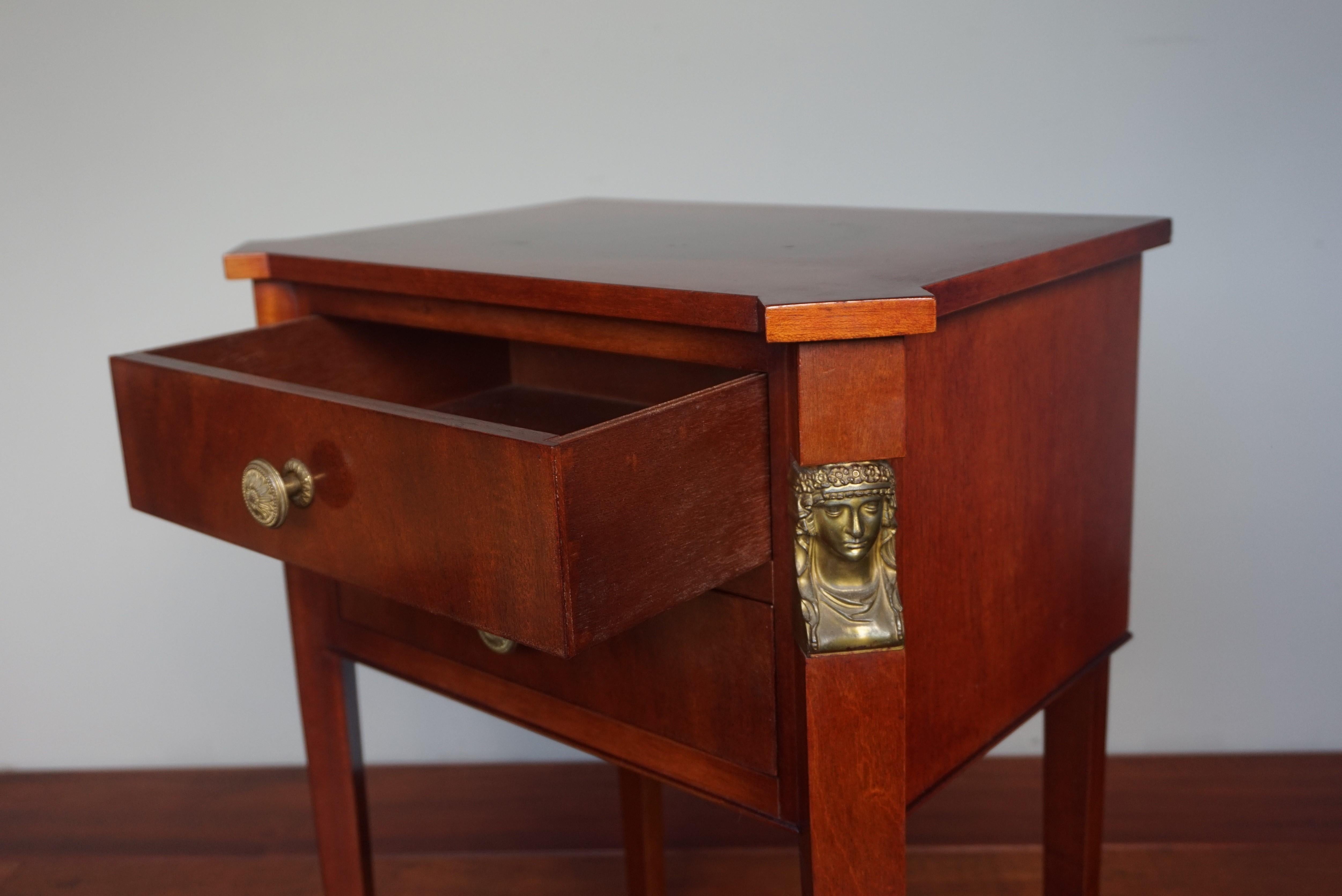 Dutch Small Size Empire Revival Patinated End or Side Table w. Drawers & Goddess Masks For Sale