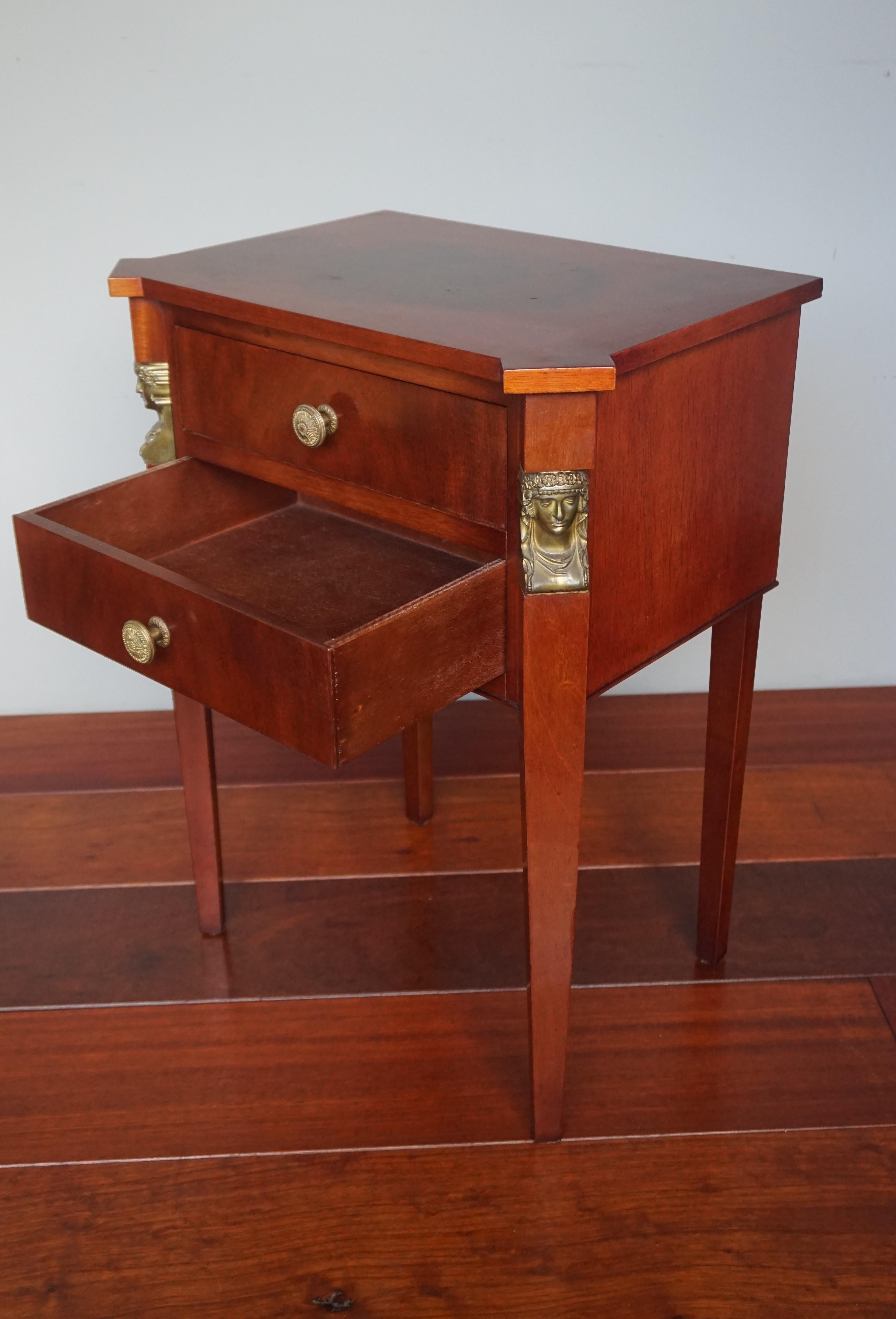 Cast Small Size Empire Revival Patinated End or Side Table w. Drawers & Goddess Masks For Sale