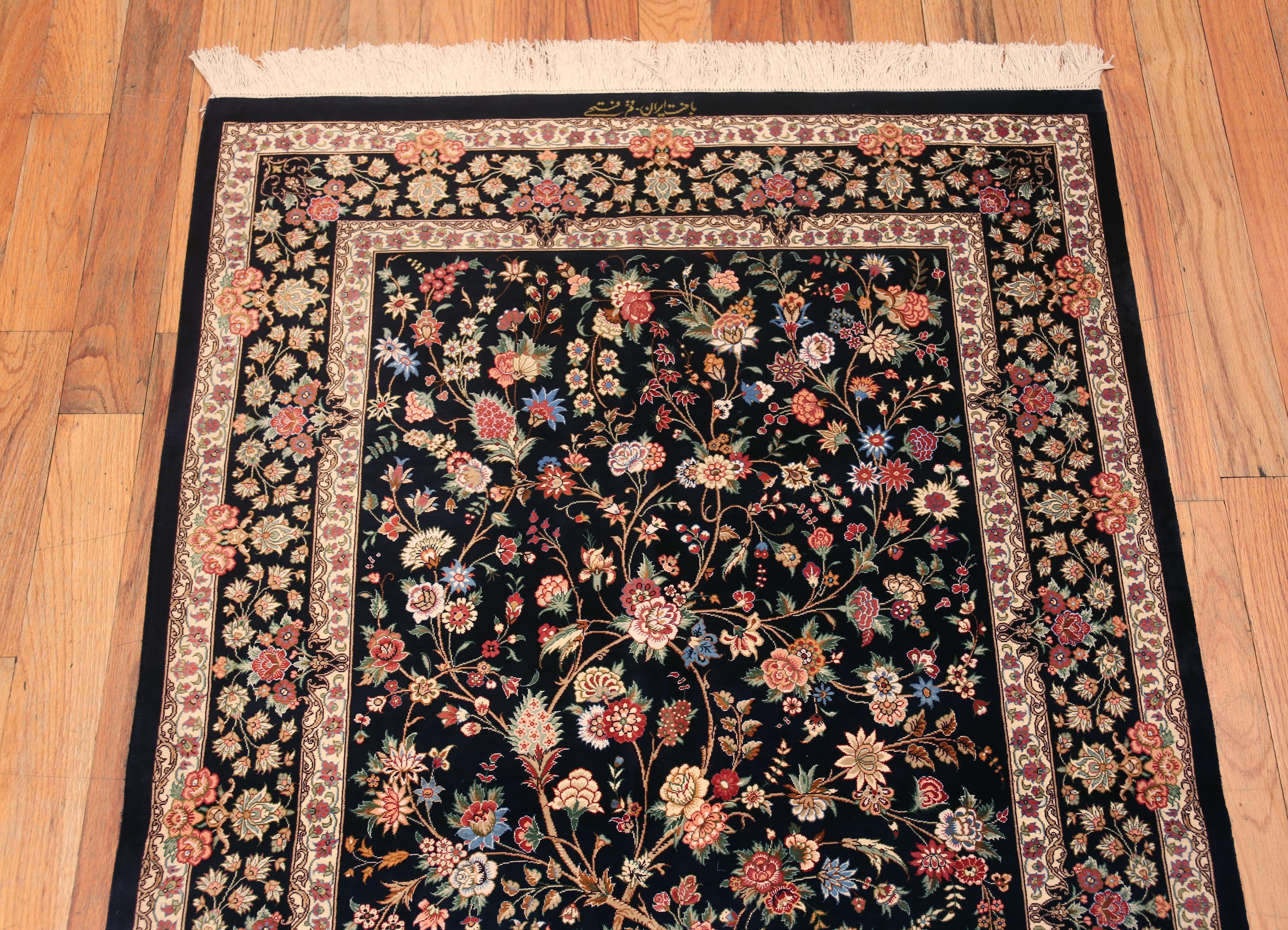 Small Size Floral Design Luxurious Vintage Persian Silk Qum Rug, country of origin: Persian Rugs, Circa date: Vintage