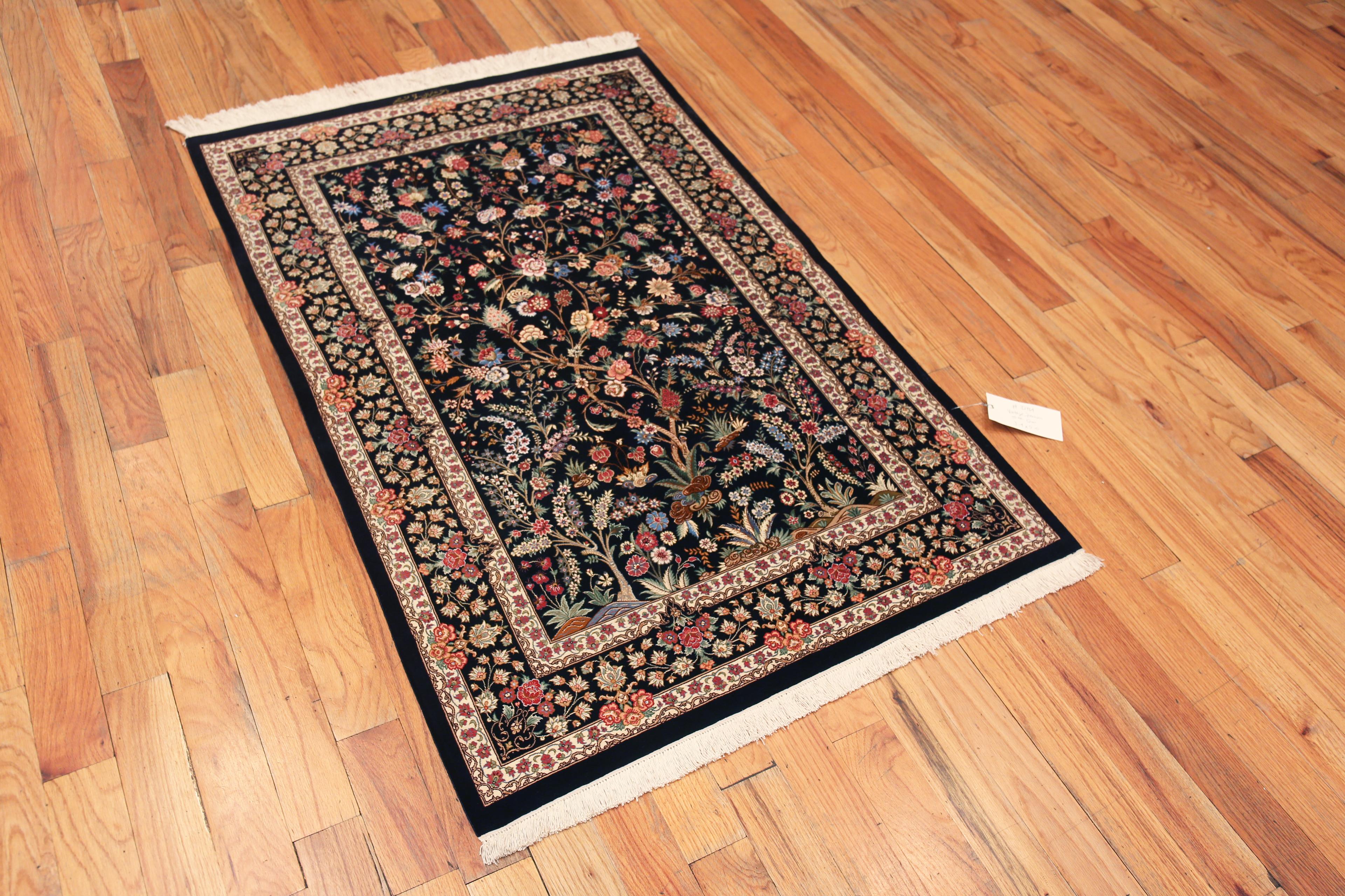 Hand-Knotted Small Size Floral Design Luxurious Vintage Persian Silk Qum Rug 3'4