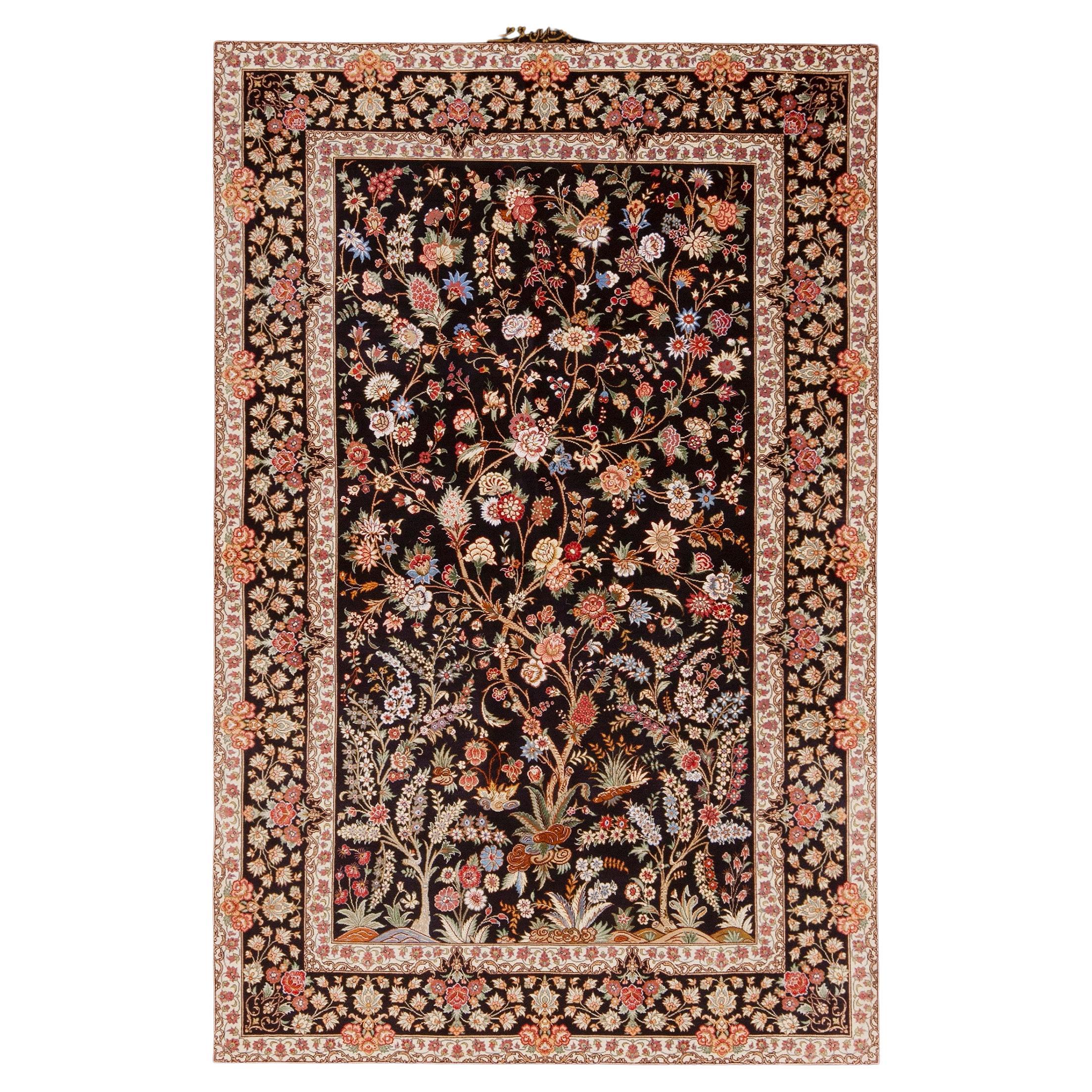 Small Size Floral Design Luxurious Vintage Persian Silk Qum Rug 3'4" x 5' For Sale