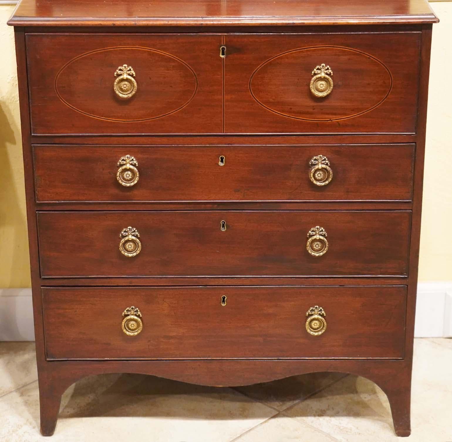 English Small Size George III Inlaid Mahogany and Satinwood Bookcase Secretary Desk