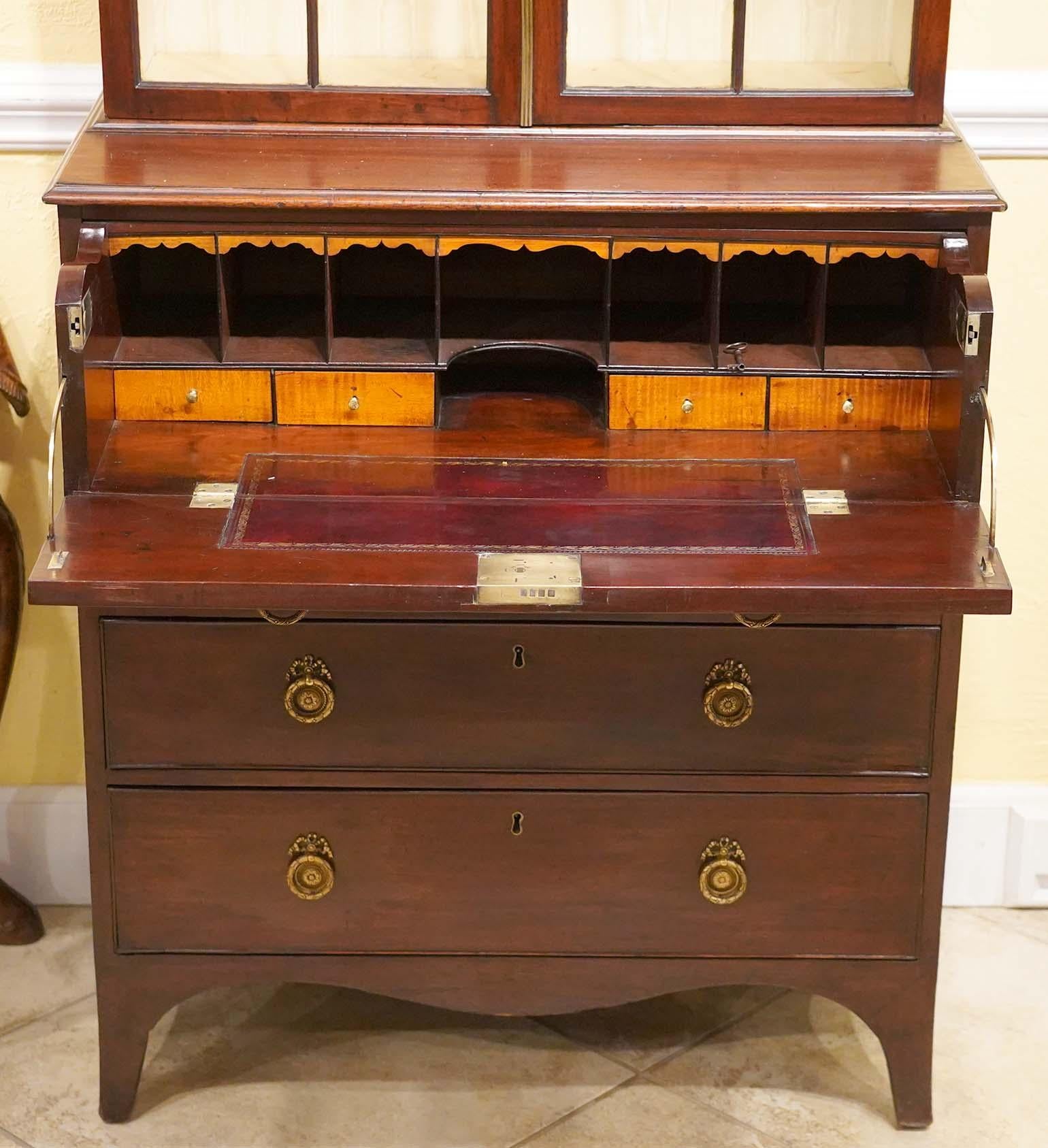 19th Century Small Size George III Inlaid Mahogany and Satinwood Bookcase Secretary Desk